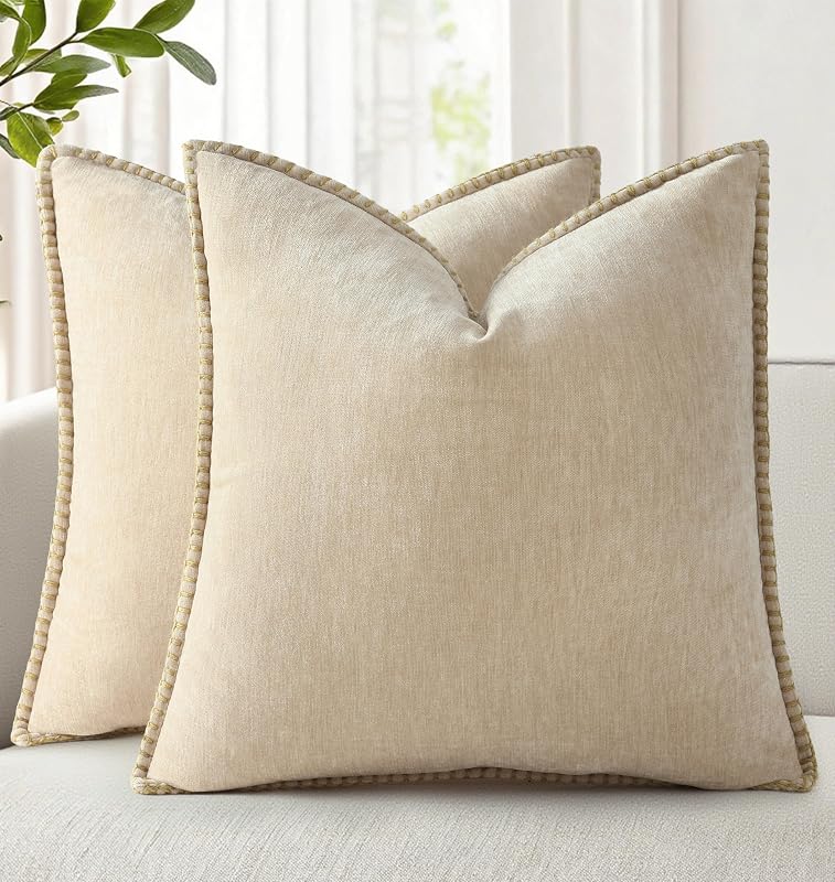 decorUhome Soft Chenille Throw Pillow Covers 18x18 Set of 2 Beige