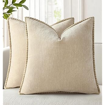 decorUhome Summer Couch Throw Pillow Covers 18x18 Set of 2, Decorative Soft Velvet Modern Cozy Chenille Pillow Cases with Elegant Design for Sofa Bed Living Room Home Decor, Beige