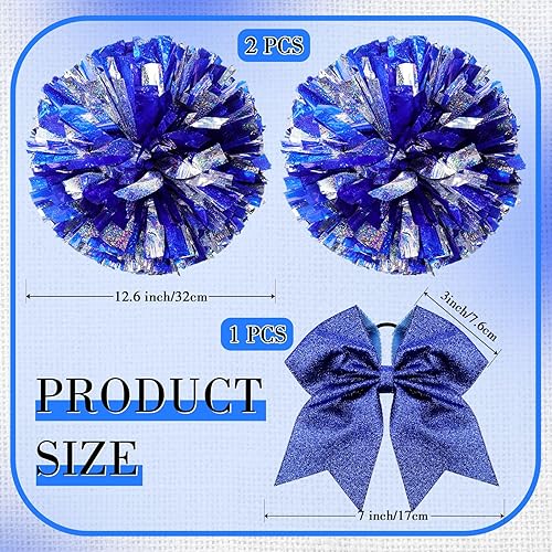 Miniatura 144 de Hanaive 3 pompones de animadora y lazo grande para animadora para el pelo, suministros metálicos para animadora de espíritu de equipo, deportes