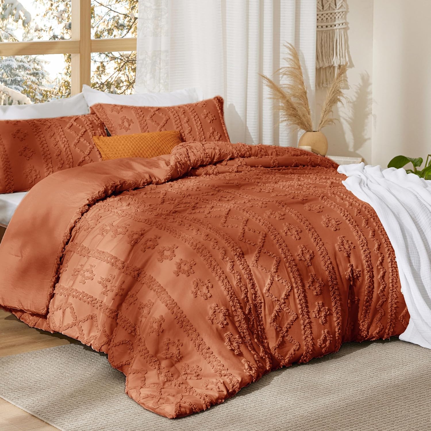 Bedsure Tufted Boho Comforter Set King Size - Terracotta Boho Bed Set, GentleSoft™ 3 Pieces Farmhouse Shabby Chic Embroidery Bedding, Gifts for Woman, Soft Jacquard King Comforter for All Seasons