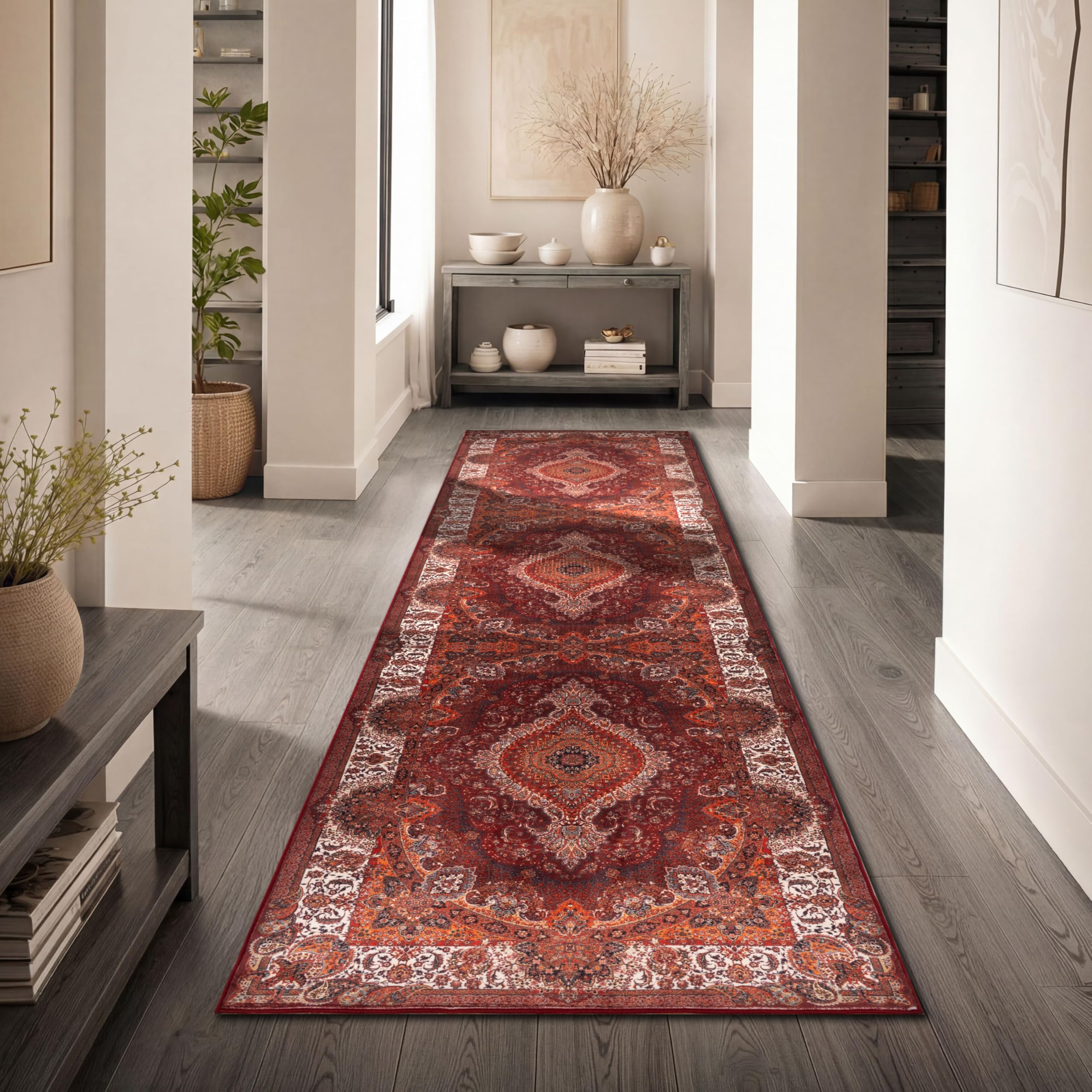 Paco Home Vintage Wohnzimmerteppich Kurzflor klassisches orientalisches Design waschbar & rutschfest pflegeleicht Schlafzimmer Esszimmer, Farbe:Rot-Orange, Größe:80x150 cm