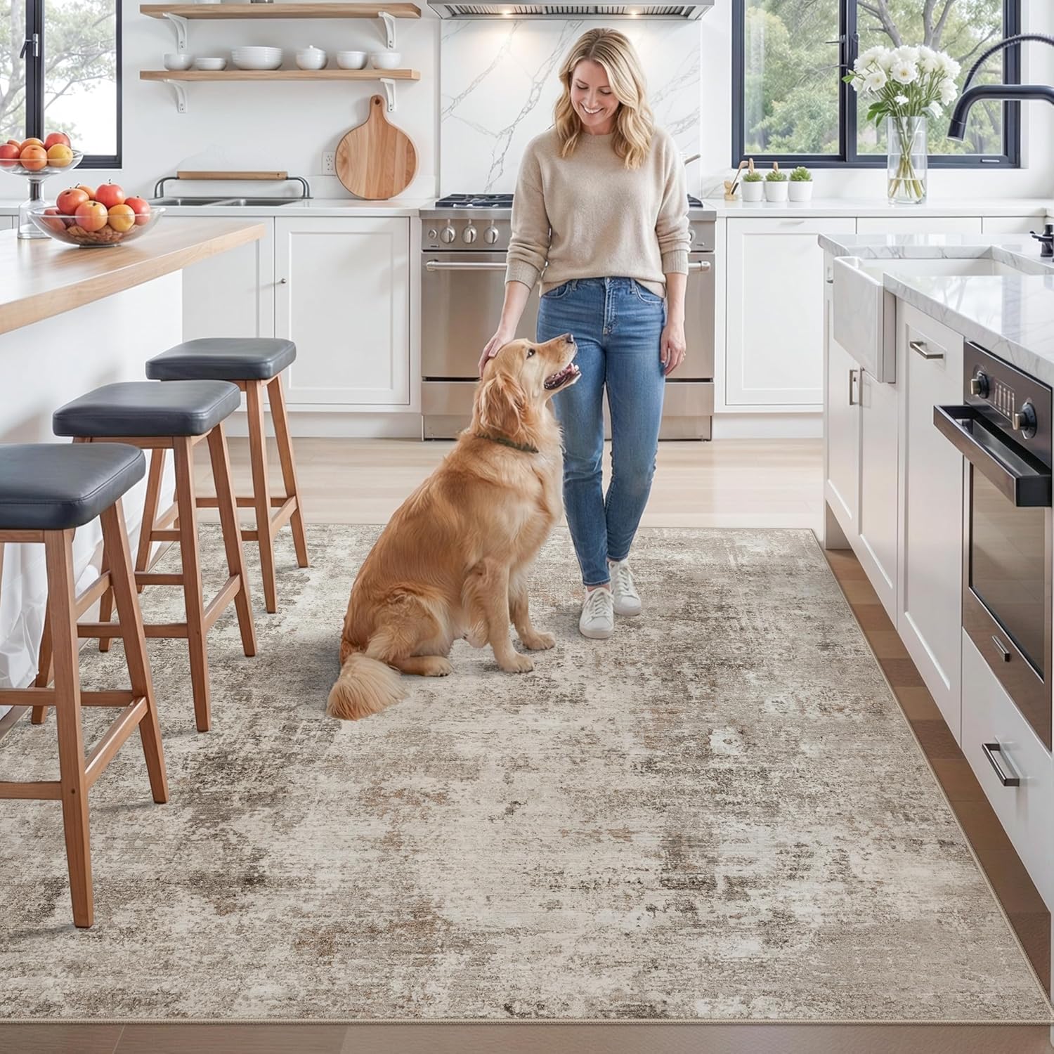 ZHXXUJ 7x7 Square Washable Area Rug, Non-Slip Indoor Rug for Living Room Bedroom Dining Room, Low Pile Stain Resistant Modern Abstract Neutral (Beige/Grey)