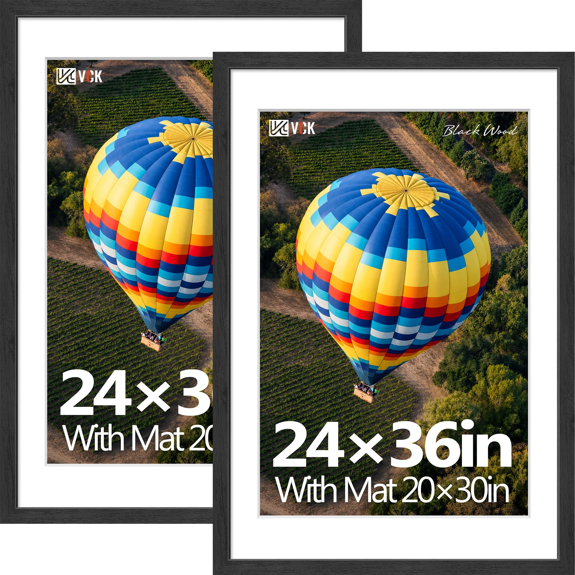 VCK 24x36 Frame 2 Pack, Black Exclusive Wood, 20x30 Mat, for Picture