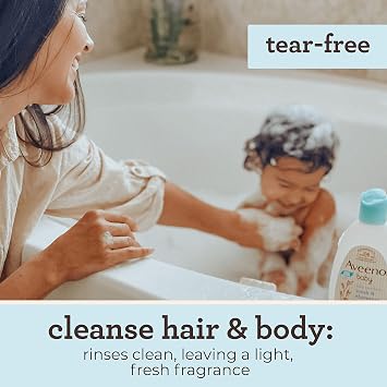 Aveeno Baby Daily Moisture Gentle Bath Wash & Shampoo with Natural Oat Extract, Hypoallergenic, Tear-Free & Paraben-Free Formula For Sensitive Hair & Skin, Lightly Scented, 12 fl. oz