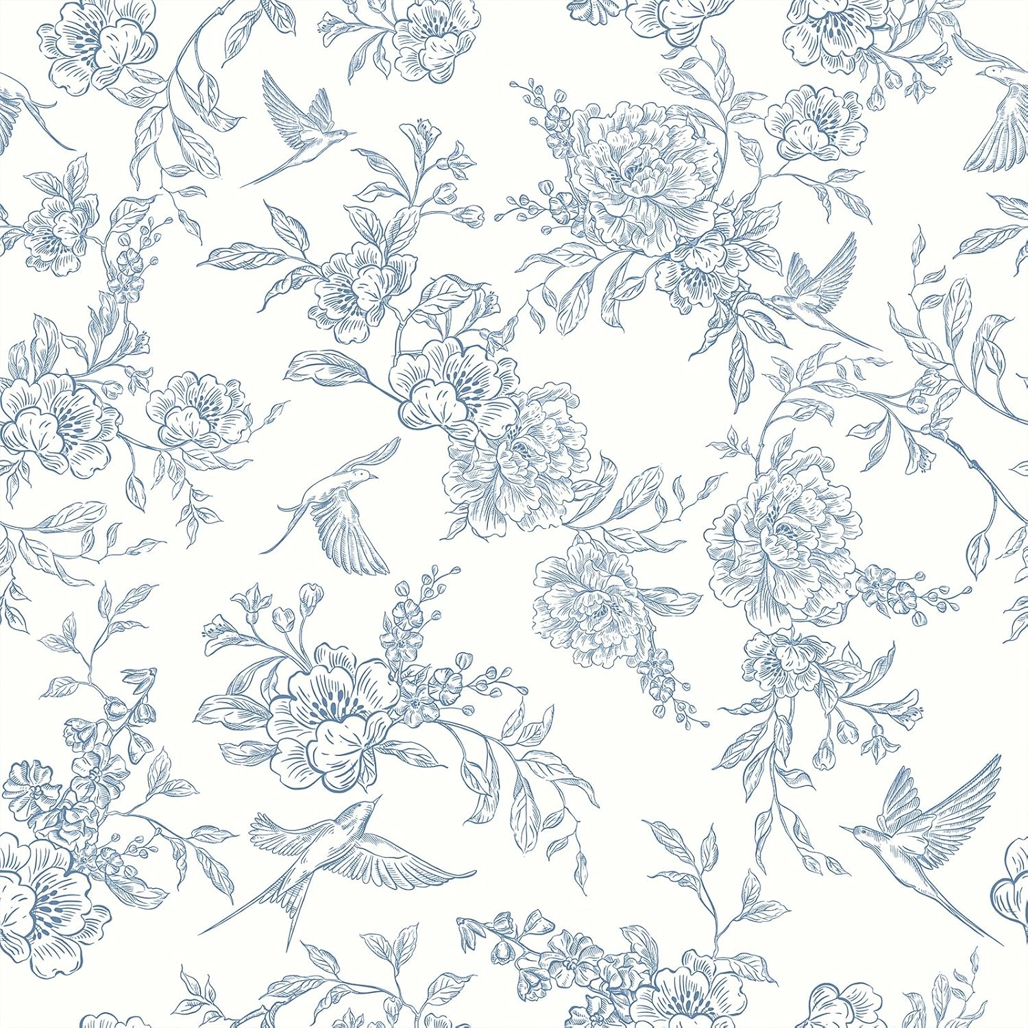 VEELIKE Blue and White Floral Wallpaper Vintage Chinoiserie Bird Wallpaper for Bedroom Bathroom 17.7''x354'' Cottage Toile Wall Paper Removable Self Adhesive Floral Wall Mural for Walls Room Decor