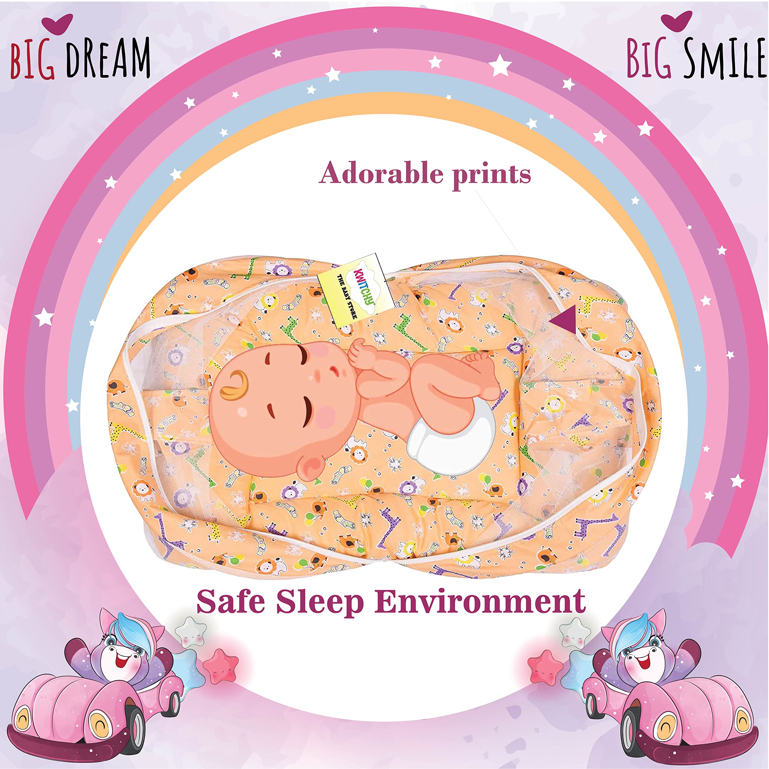 Kwitchy Baby Bed with Mosquito Net New Born Baby Bedding Set | Folding Bed | Toddler Mattress | Cotton | Gadda Set | Travel Beds | Boys & Girls | Gift Pack (0-6 M) Orange 3