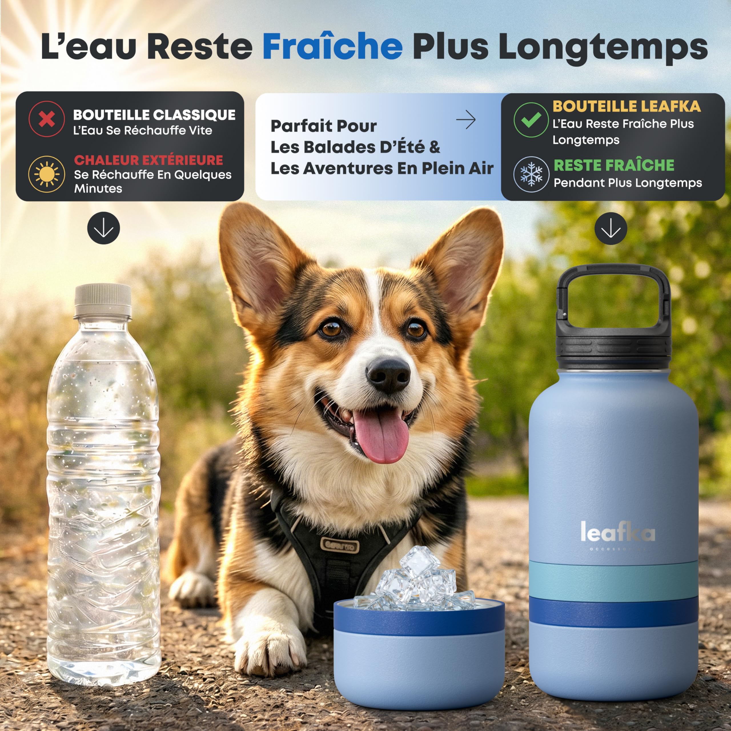 Bouteille pour Chien 3 en 1 avec Gamelle Eau et Compartiment Croquettes, Gourde de Voyage Portable pour Chien et Chat, Bouteille Transport Eau et Nourriture pour Animaux - 1L (Bleu)