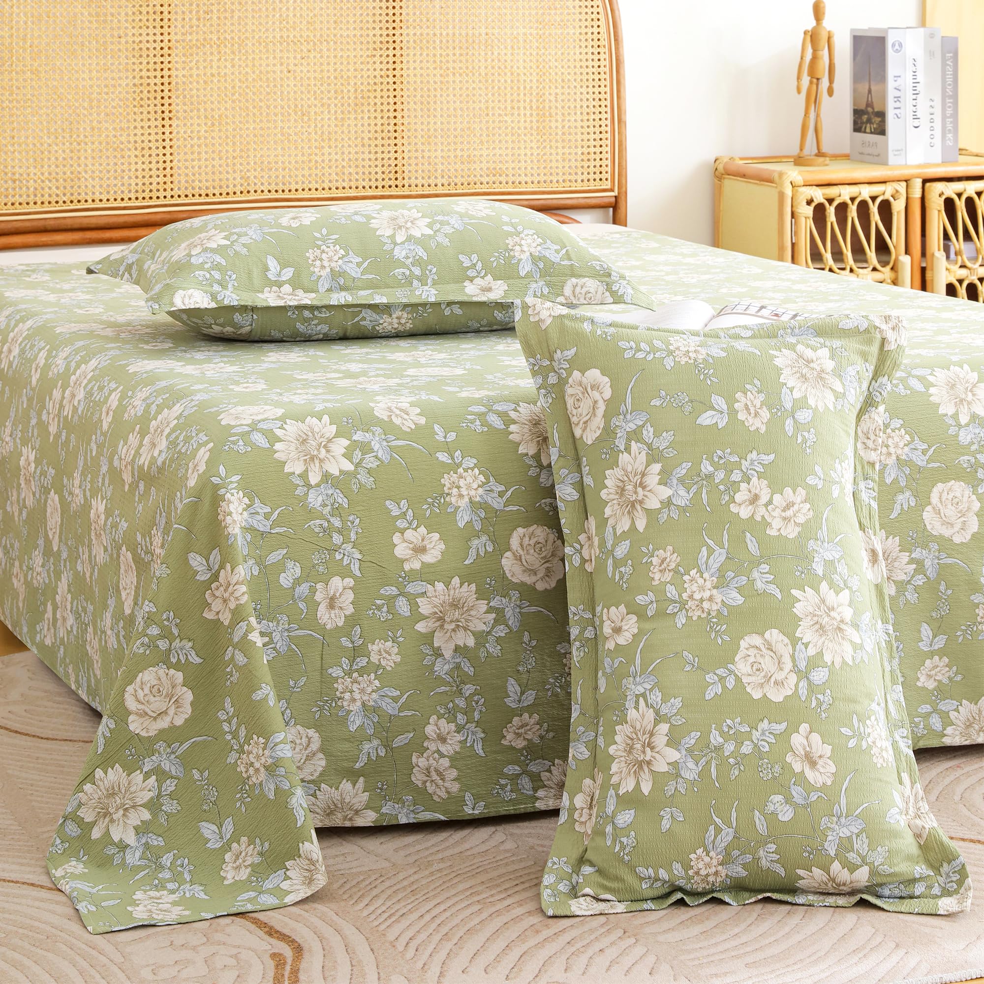 Story@Home King Size Bedsheet | Air Cotton Flatsheet King Size with Two Pillow Covers| 240 TC | Super Soft Bed Sheet for King Size Bed | Floral Design (270 x 250 cm, Green & White)