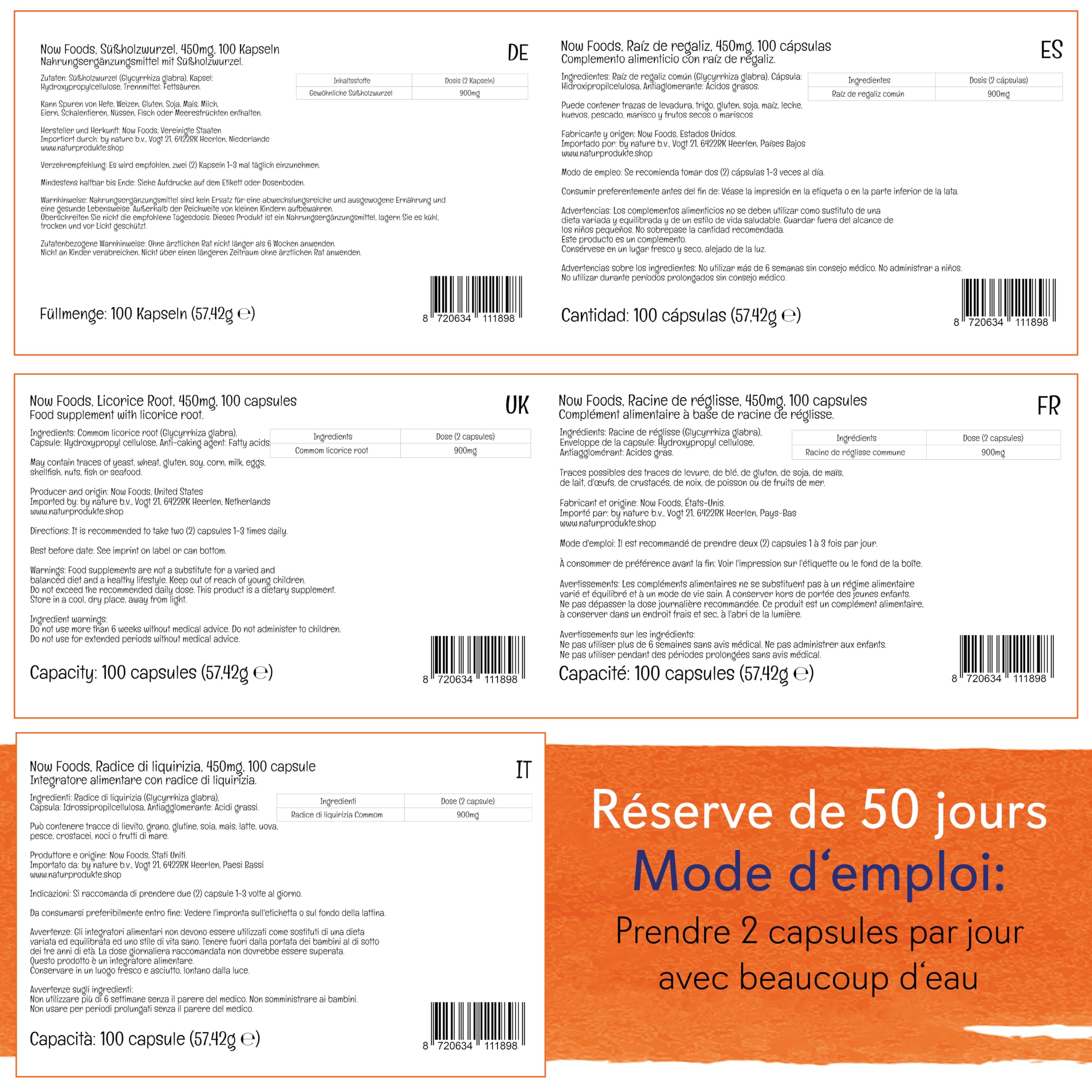 Now Foods, Licorice Root (Racine de Réglisse), 450 mg, 100 Capsules végétaliennes, Testé en Laboratoire, Sans Gluten, Sans Soja, Végétarien
