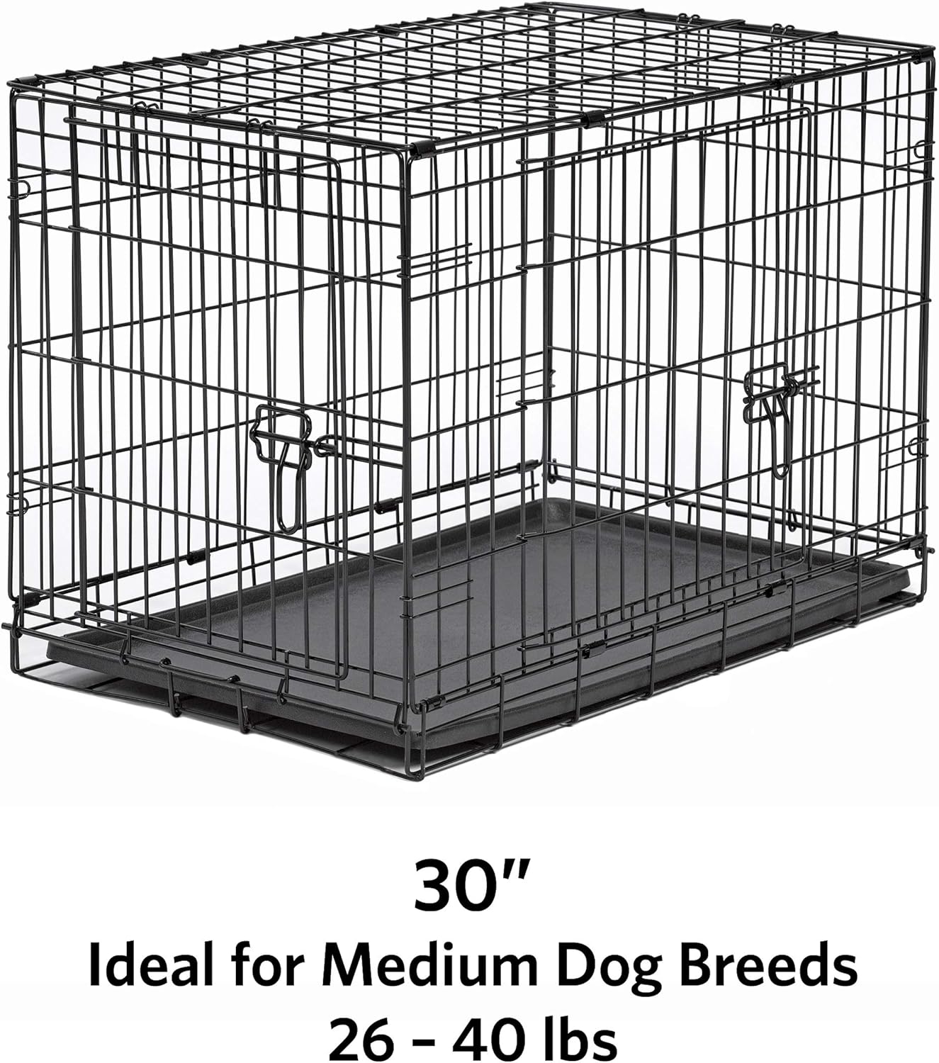 New World 30" Double Door Folding Metal Dog Crate, Includes Leak-Proof Plastic Tray; Dog Crate Measures 30L x 19W x 21H Inches, For Medium Dog Breeds : Pet Supplies