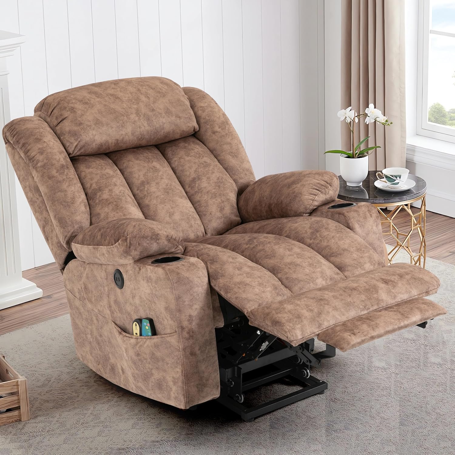 MEETWARM Large Power Lift Electric Recliner Chair with Extended Footrest for Big Tall Man, Overstuffed Wide Recliner with Massage and Heat, 2 Remote Controls/4 Side Pockets/USB Ports(Plush-Brown)