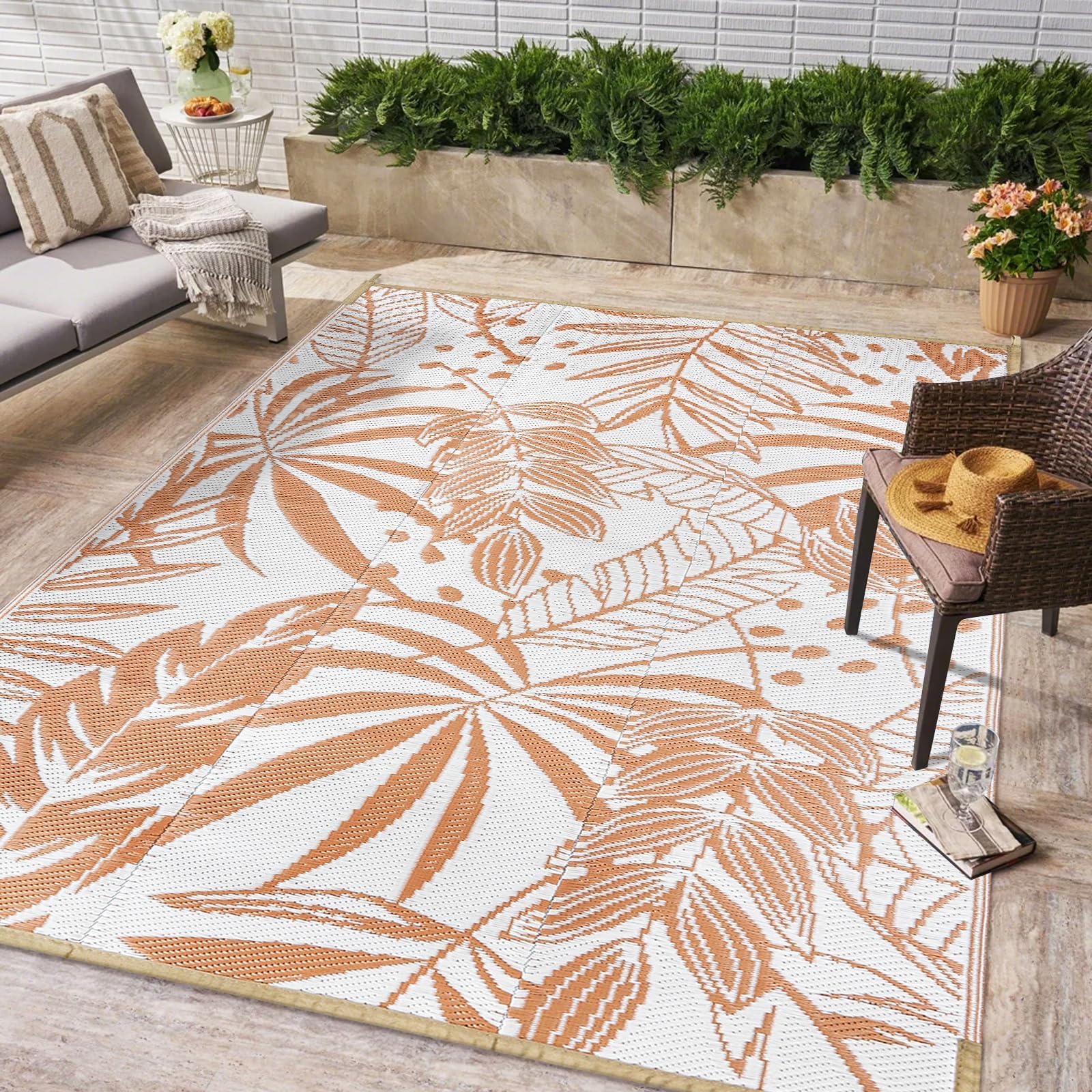 Wonnitar Outdoor Plastic Straw Rug 5x8,Reversible Waterproof Outdoor Rugs for Patios Clearance,Large Portable Tropical Camping Mat for RV,Porch Deck Floor Carpet for Picnic (Beige/White, 5'x8')