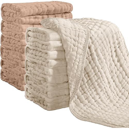 Looxii Muslin Burp Cloths 100% Cotton Muslin Cloths 12 Pack Large 20''x10'' Extra Soft and Absorbent Baby Burping Cloth for Boys and Girls (Apricot+Coffee)