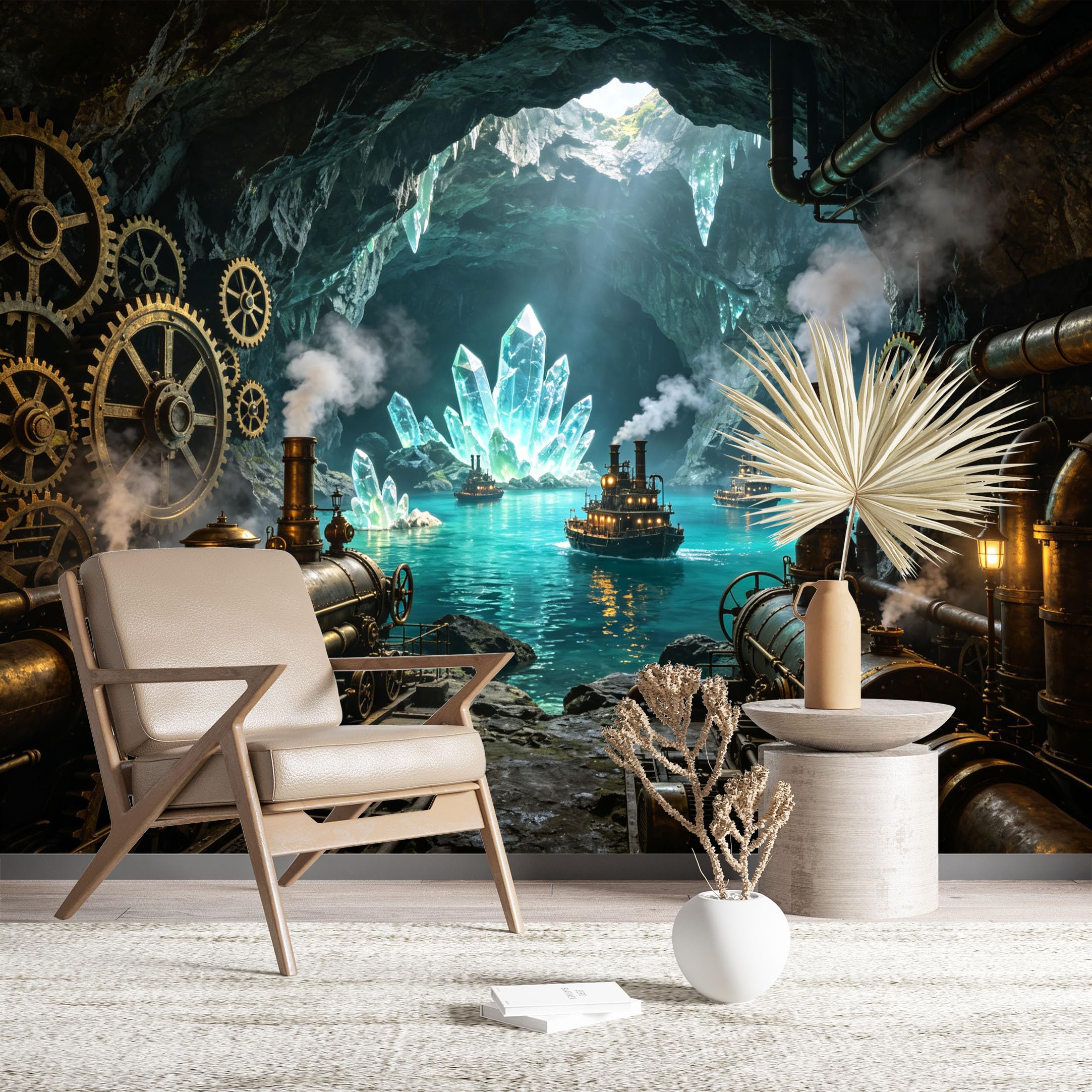 Custom Size Wall Murals Steampunk Crystal Cave Wall Murals Fantasy Wallpaper Wall Stickers Self-Adhesive Removable Wallpaper for Living Room Bedroom