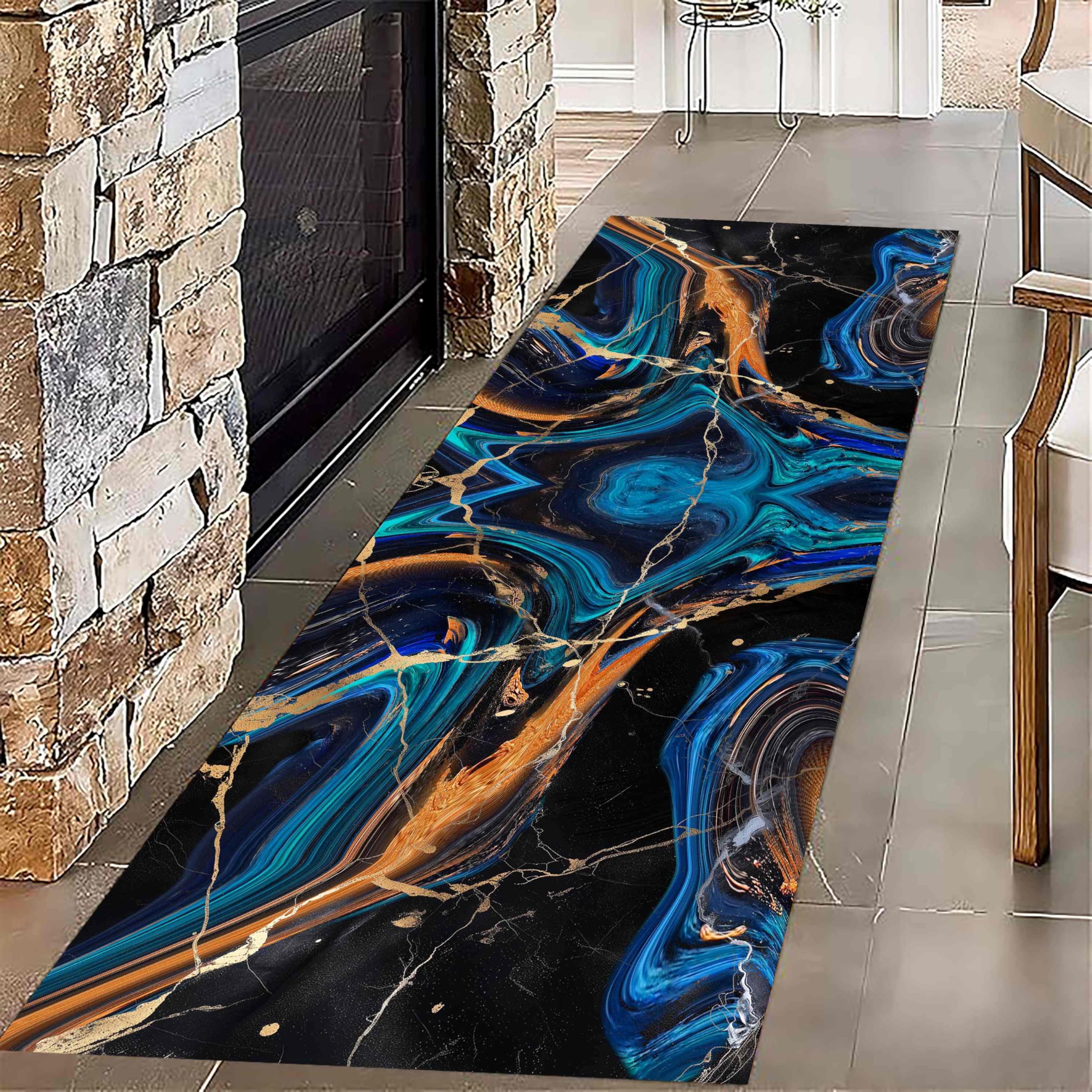 USHIRUG Carpet Runners for Hallways,60x300cm, Non Slip Long Marble Area Rug Blue Gold Washable Soft Low Pile Rugs, Modern Abstract Carpet Kitchen Runners for Living Room Hall Bedroom Lounge Entrance — image 1