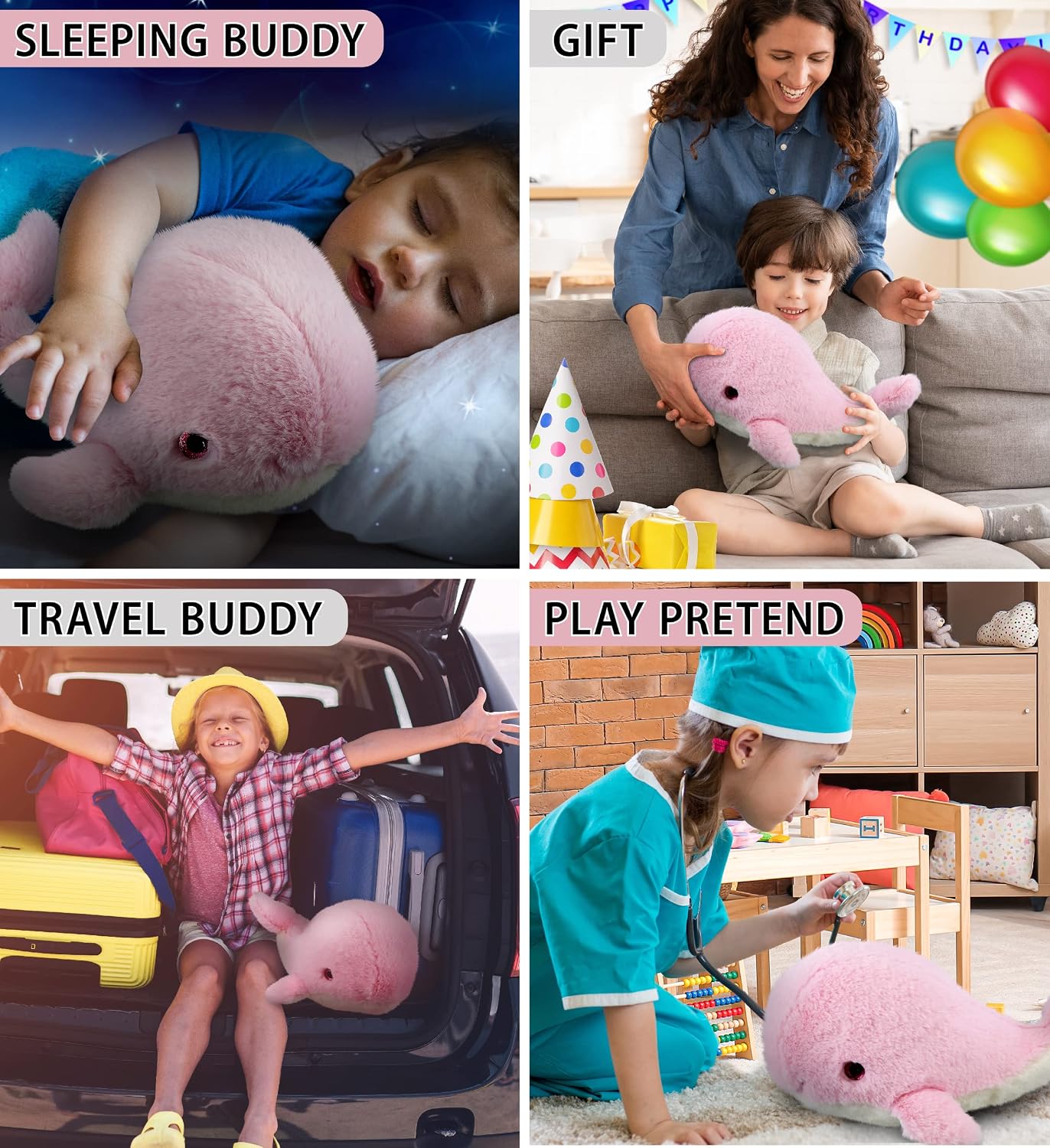 DolliBu Plush Whale Stuffed Animal - Soft Huggable Pink Whale, Adorable Playtime Plush Toy, Cute Ocean Life Cuddle Gifts for Kids and Adults - 13 Inches