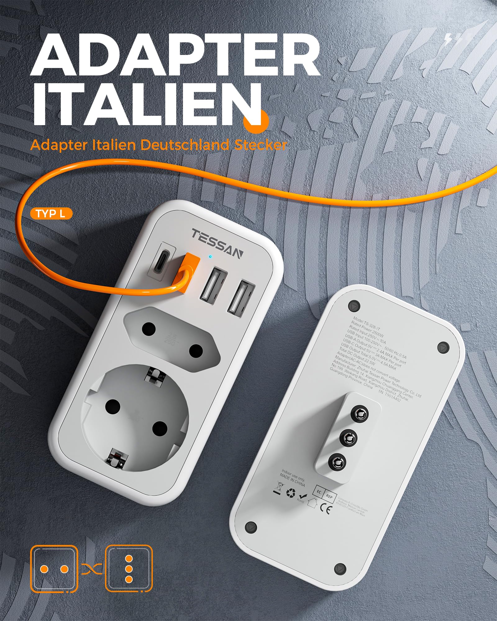 TESSAN Adapter Włochy do gniazdka, 6 w 1, adapter podróżny Włochy z 1 USB C i 3 USB A, adapter podróżny Chile, adapter Włochy Niemcy, adapter do gniazdka wtykowego USB do Włoch Chile Urugwaju