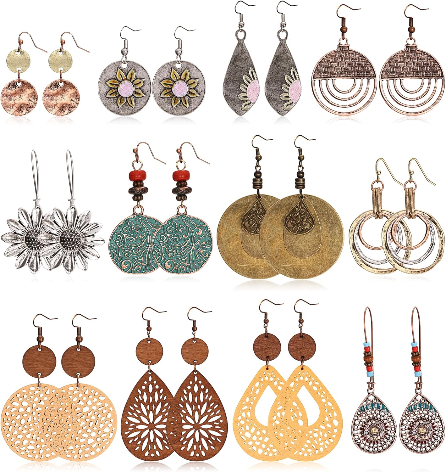Boho Jewelry Set: Vintage Dangle Earrings for Women in Geometric Teardrop Wooden and Sunflower Styles
