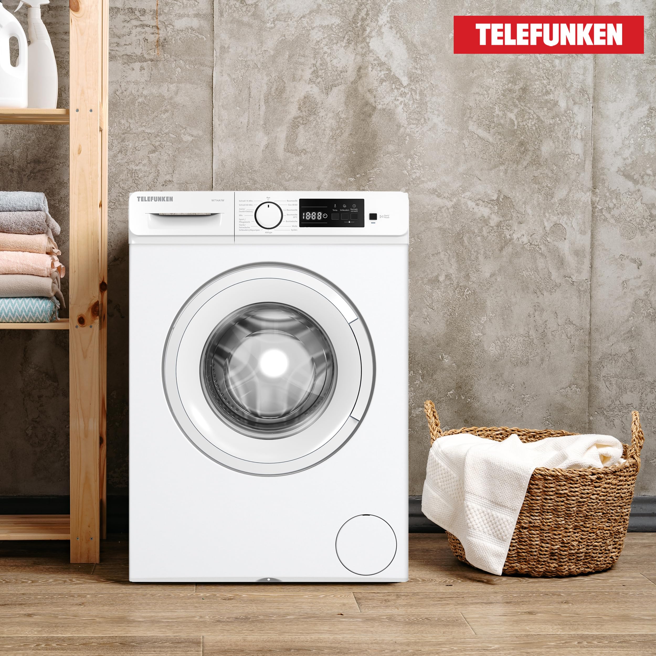 Telefunken W714A1W Waschmaschine 7kg Frontlader 1400 U/Min. EEK A | Inverter Motor - Leise & Effizient, Schontrommel aus Edelstahl, Startzeitvorwahl, Washing Machine, 15 Programme, weiß
