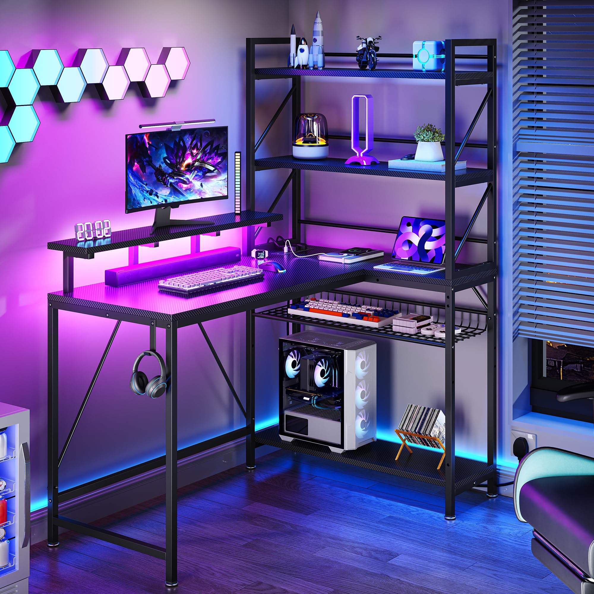 YITAHOME Escritorio esquinero para Juegos en Forma de L con Tomas de Corriente y Luces LED, Escritorio de Esquina con estantes de 120 cm, Escritorio Reversible para computadora con estantes de