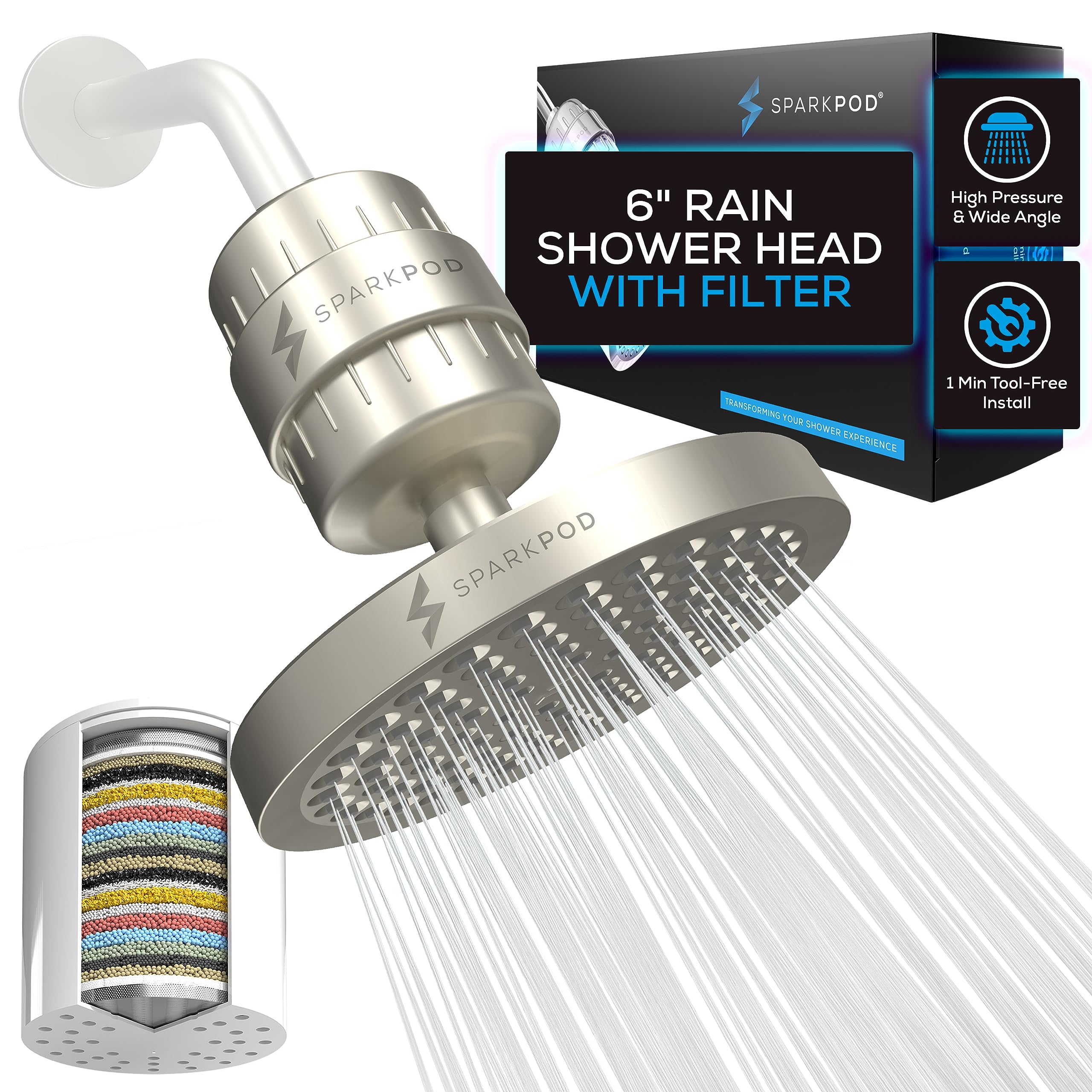 SparkPod Luxury Filtered Shower Head Set 23 Stage Shower Filter - Reduces Chlorine and Heavy Metals - High Pressure Showerhead Filter (6" Round, Brushed Nickel)