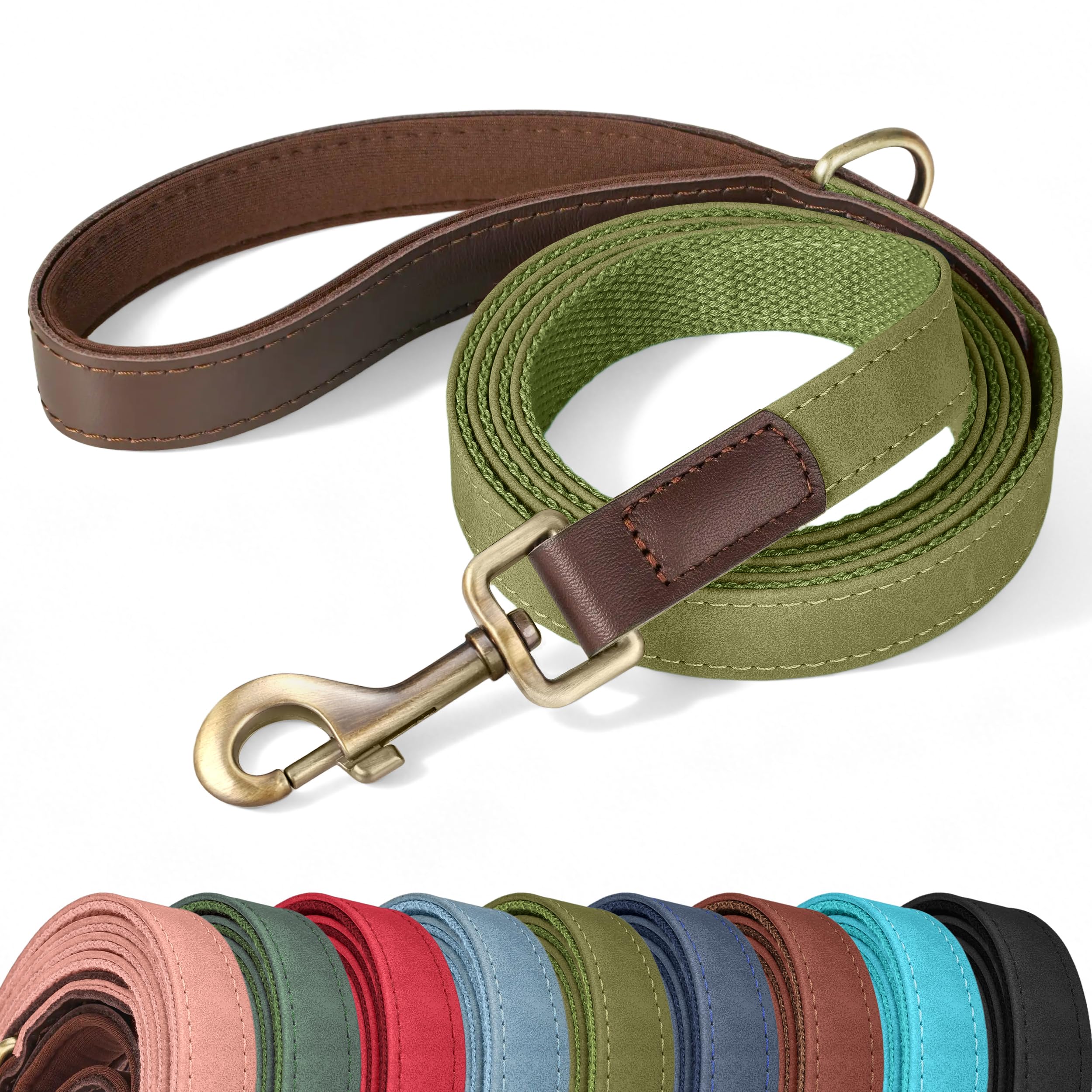 Didog PU Leather Dog Leash for Small Dogs, 5ft Padded Handle, Olive Green