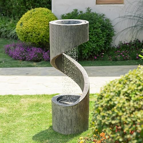 Miniatura 9 de Glitzhome Fuente de agua decorativa para patio al aire libre con luz LED, fuente de cascada curvada con maceta de piedra, fuente de terrazo