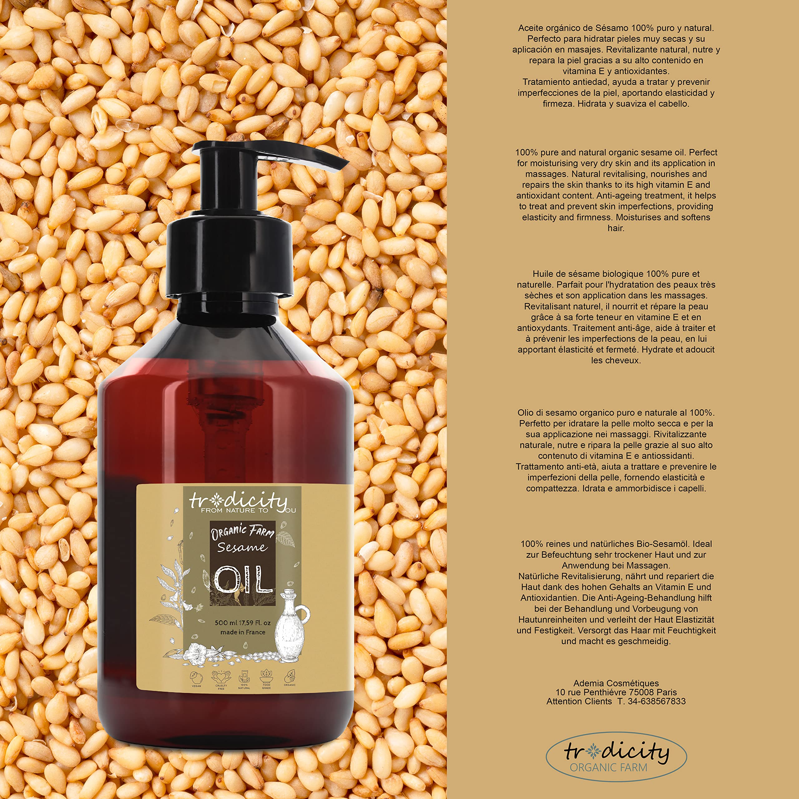 Huile de Sésame BIO Graines de Sésame 100% Pure, Naturelle et Pressée à Froid. Huile de Sesame Certifié Biologique, Cosmétique Maison Naturelle (Cheveux, Peau) - 500 ml