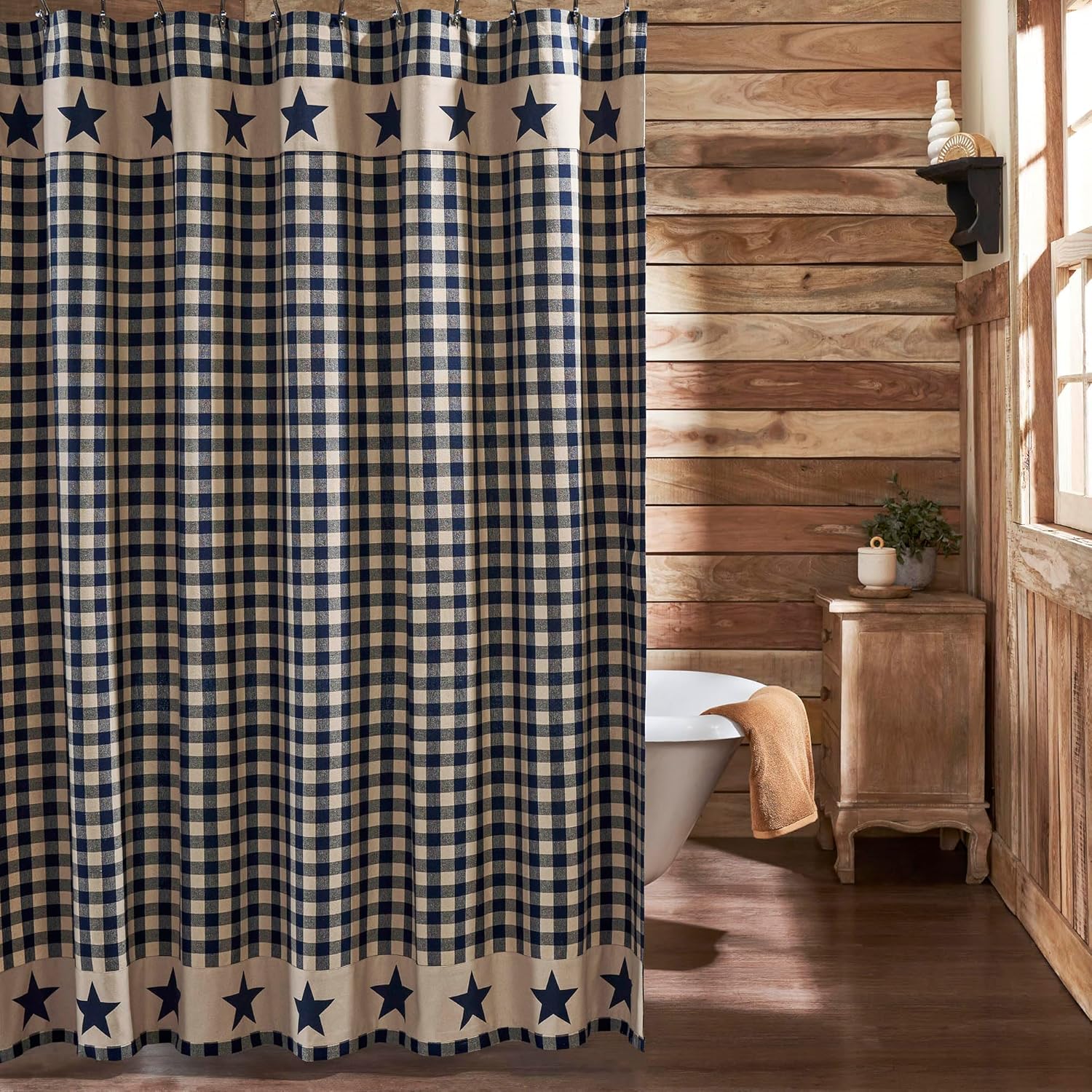 VHC Brands Allegiance Navy & Tan Check Shower Curtain 72x72
