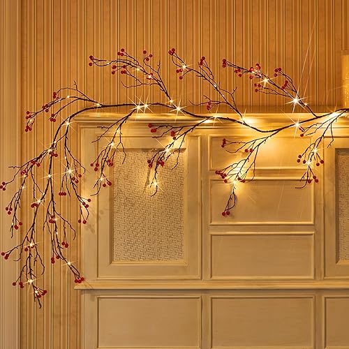 Miniatura 7 de Fudios Guirnalda iluminada de bayas rojas con temporizador, 120 luces LED de 6 pies, funciona con pilas, enchufe USB, luces iluminadas para el