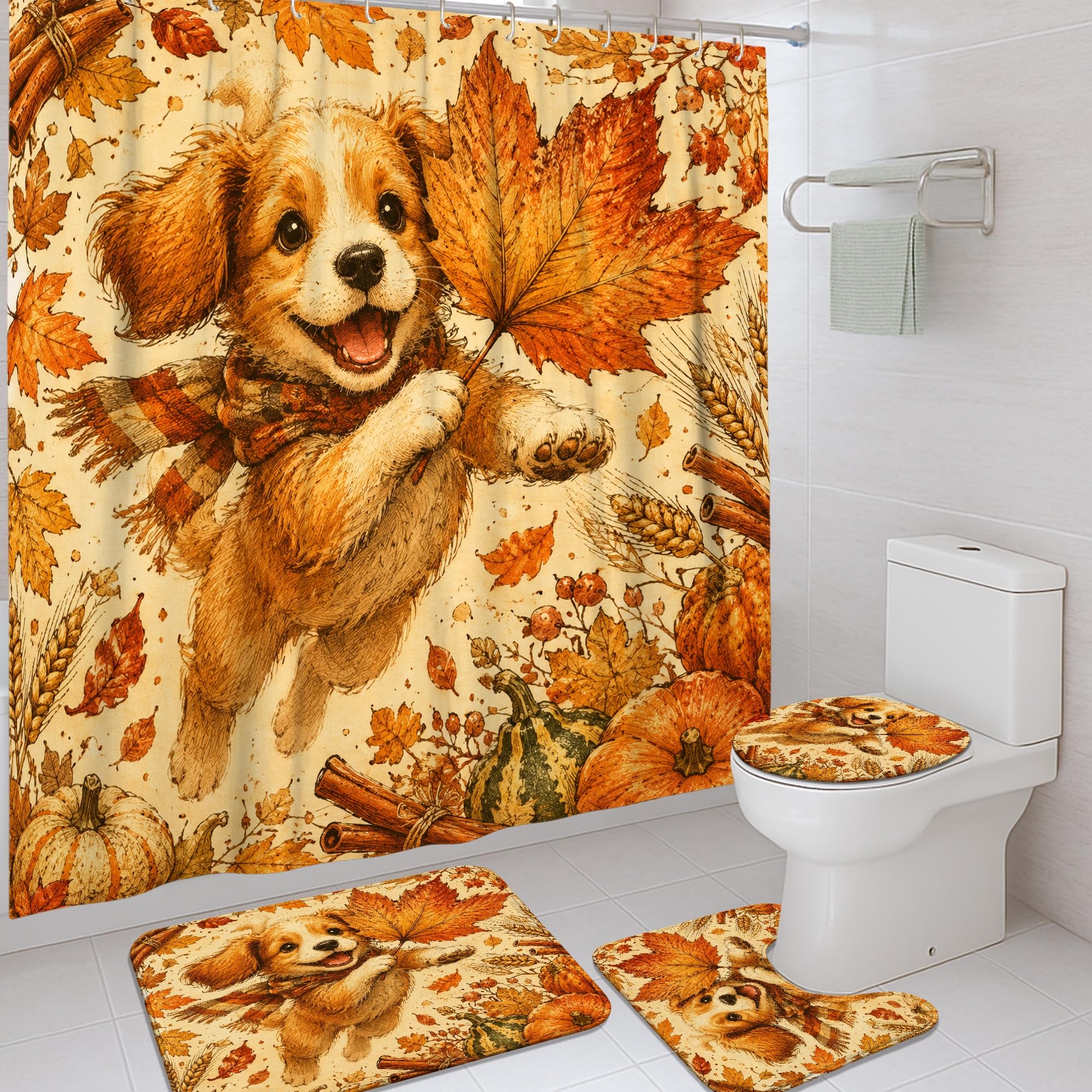 Ensemble de rideaux de douche rustiques en tissu orange pour baignoire