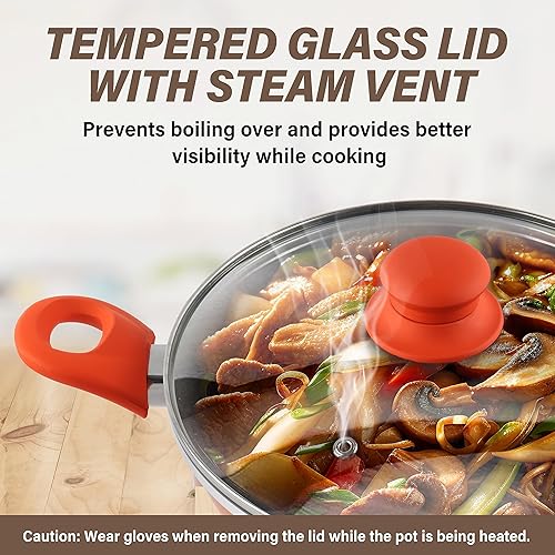 Miniatura 10 de Juego de utensilios de cocina de acero inoxidable de 6 piezas pulido espejo, parte inferior de inducción, forma recta, tapas SS, asas y perillas