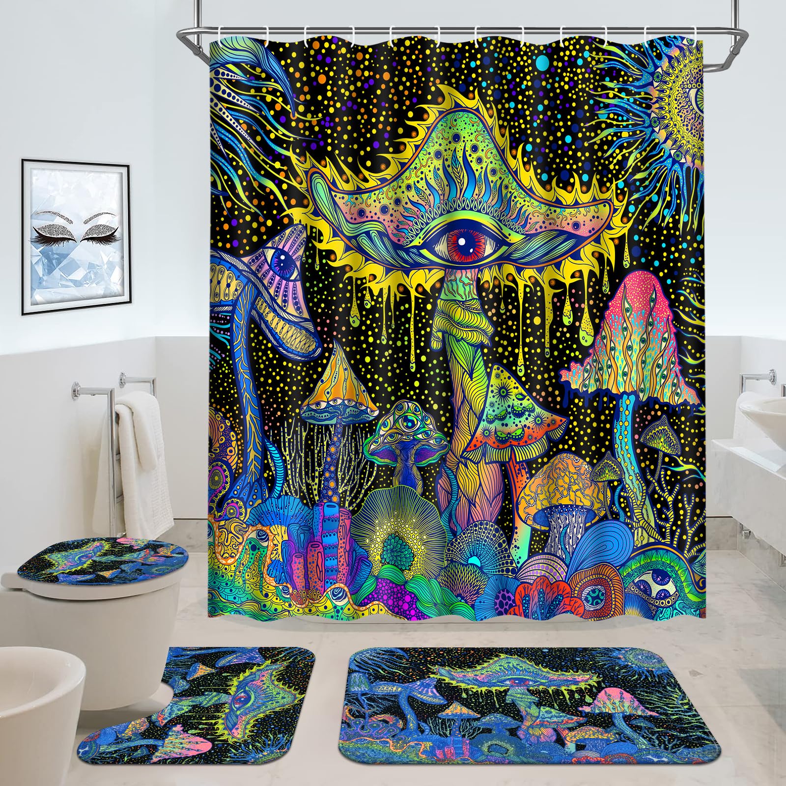 Alishomtll 4 Pcs Blacklight Mushroom Shower Curtain Sets with Rugs, UV Reactive Hippie Eye Bathroom Set with Shower Curtain and Rugs, Black Light Ocean Bathroom Decor Sets