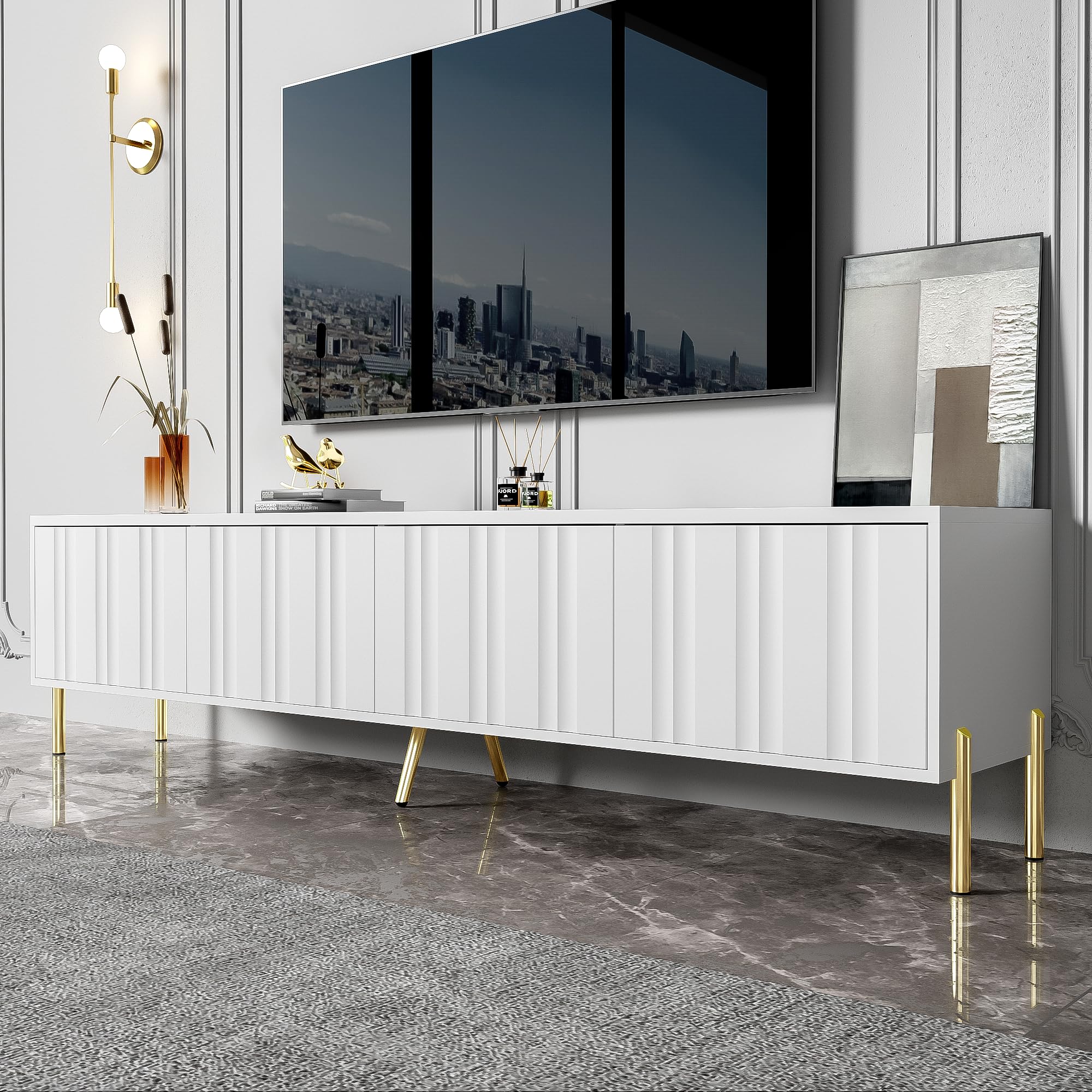 KAZZIO Mobile TV, 190 x 38 x 48 cm, gambe dorate, design porta scanalata (bianco)