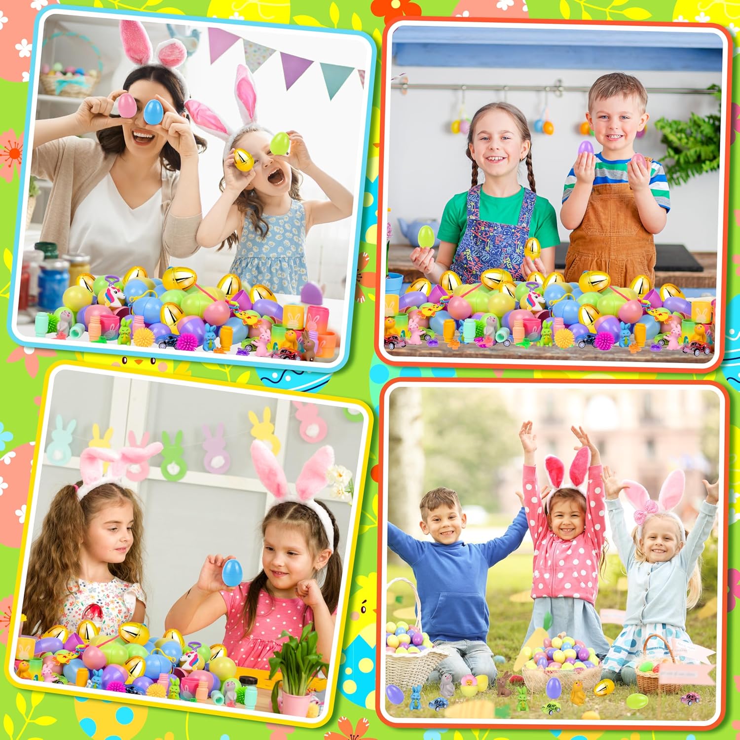 330 Pcs Easter Egg Hunt Set Includes 110 Prefilled Plastic Eggs with 220 Assorted Novelty Toys and Rings, Keychain, Stickers for Easter Baskets and Party Supplies
