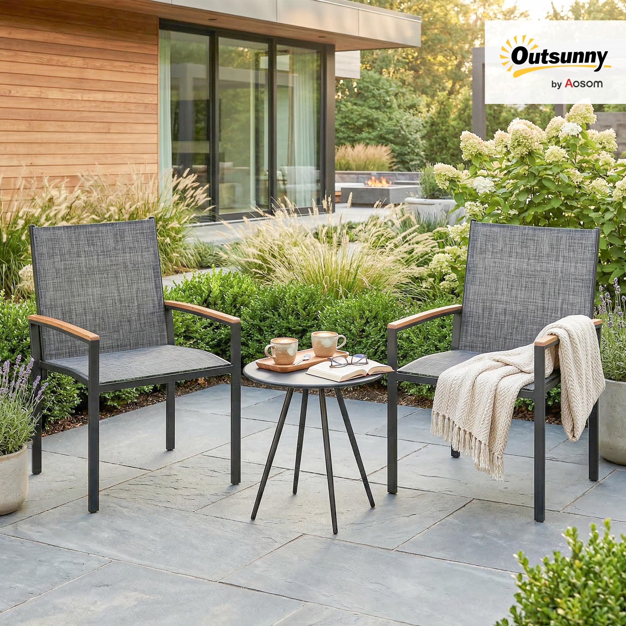 Outsunny Set da Bistrò da 3 Pezzi, Set da Giardino con 2 Sedie Texteline, Tavolo con Piano Metallo, Braccioli Decorativi, Set di Mobili da Giardino in Acciaio, per Patio Balcone Terrazzo, Grigio Misto