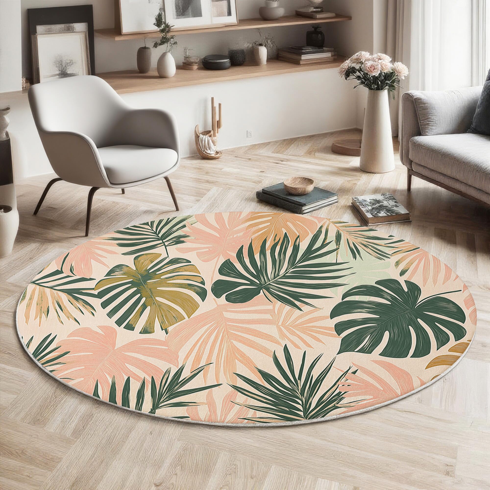 Tapis antidérapant rose rond 160cm feuille de palmier lavable sans effort