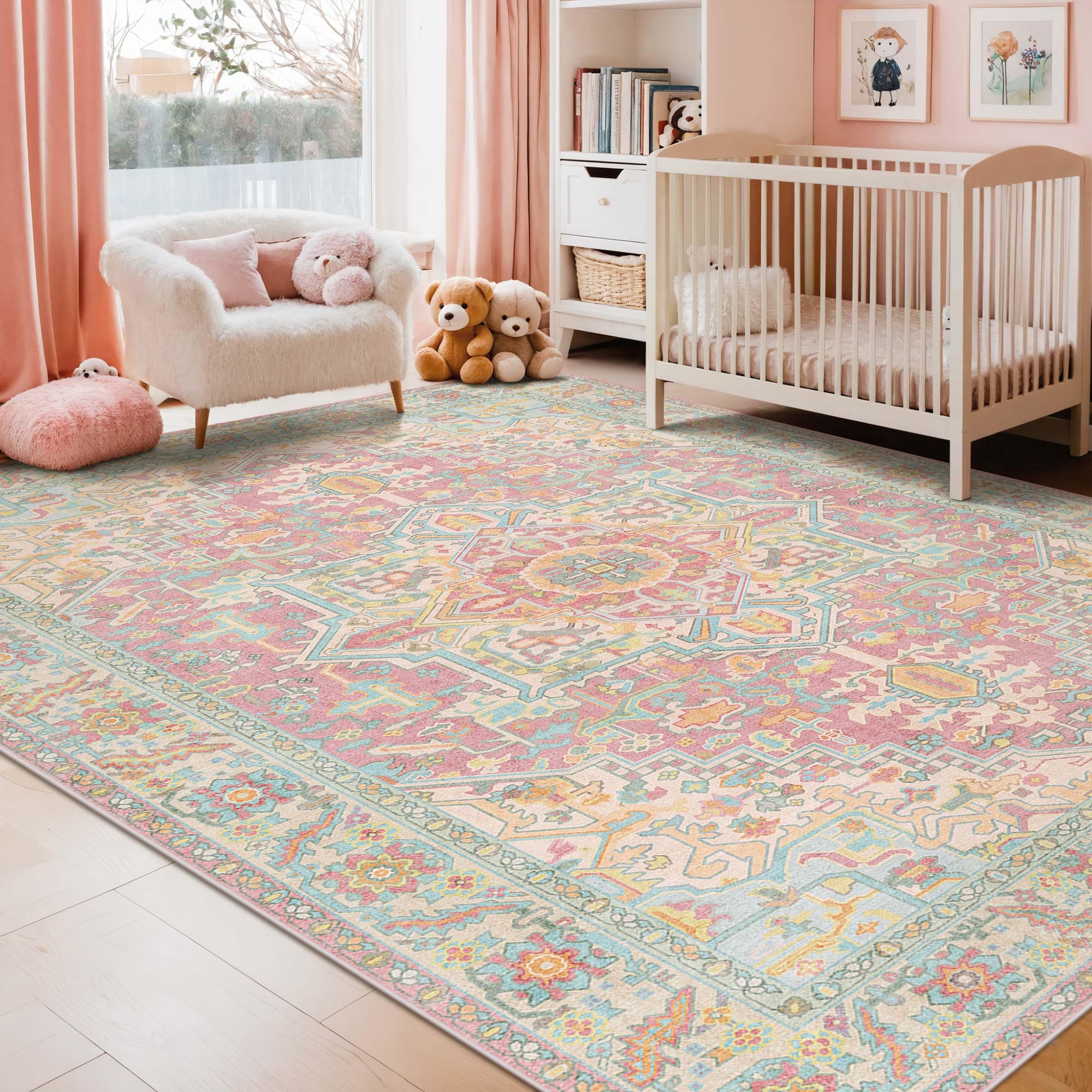Kokia 6x9 Blush Pink and Blue Vintage Boho Oriental Soft Washable Area Rug