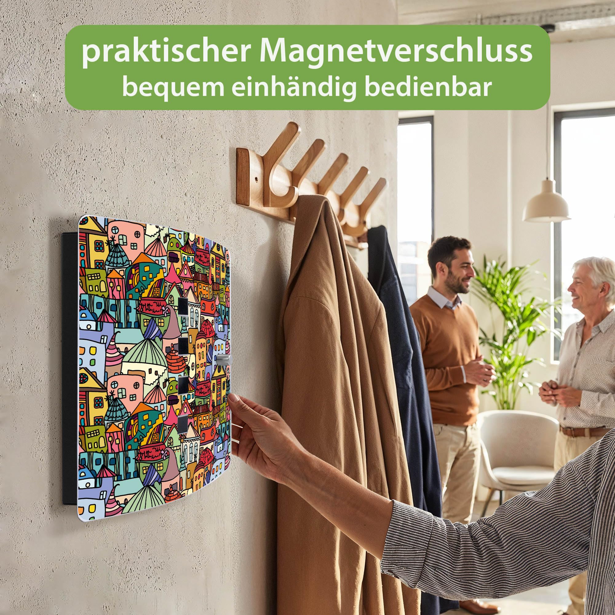 banjado Design Schlüsselkasten aus Edelstahl für 10 Schlüssel - Schlüsselschrank zur Schlüssel Aufbewahrung 24 x 21,5 x 7cm groß mit praktischem Magnetverschluss - Motiv Funky Town
