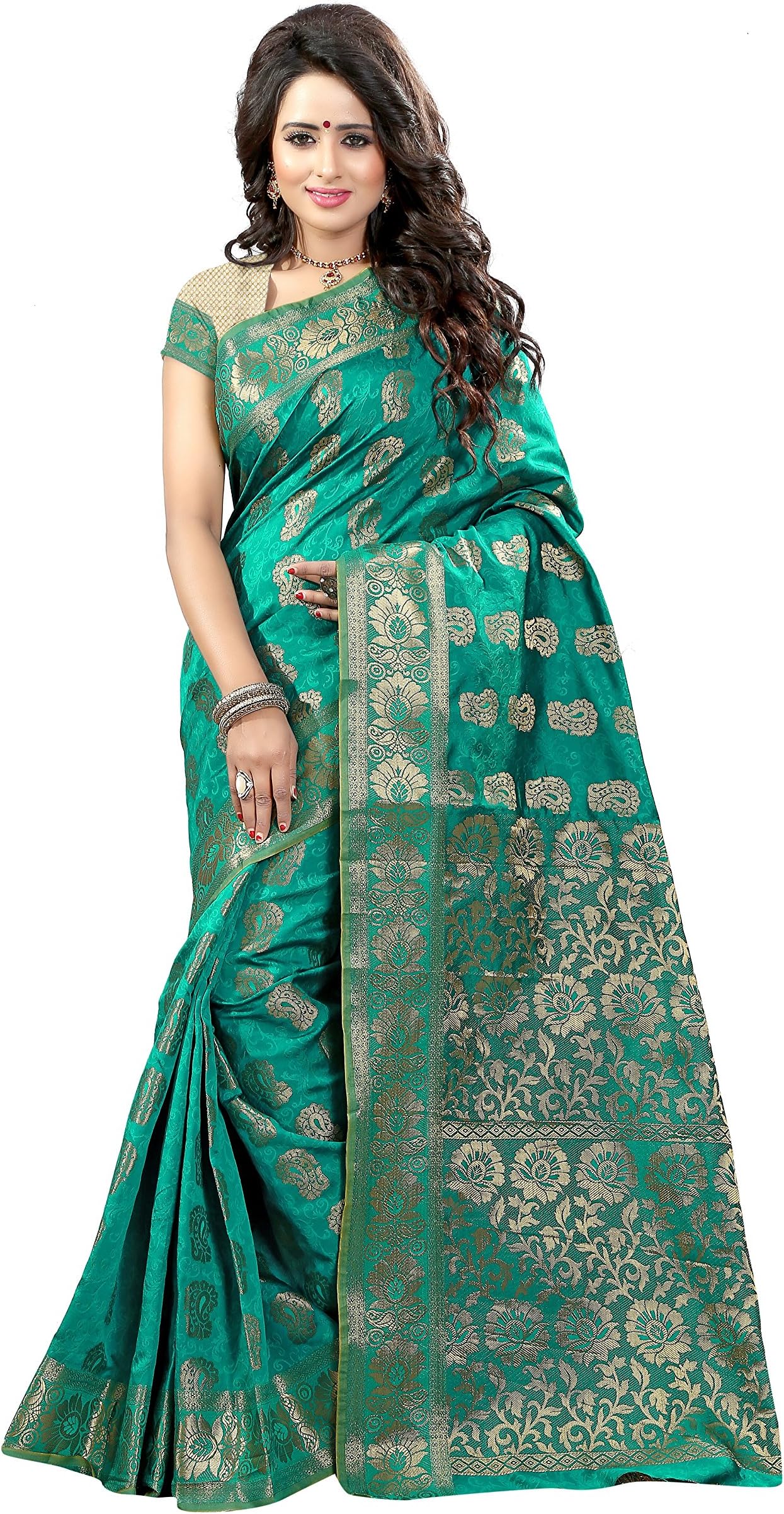 Green Colour Banarasi Saree With Unstitched Blouse Piece, Free Size.