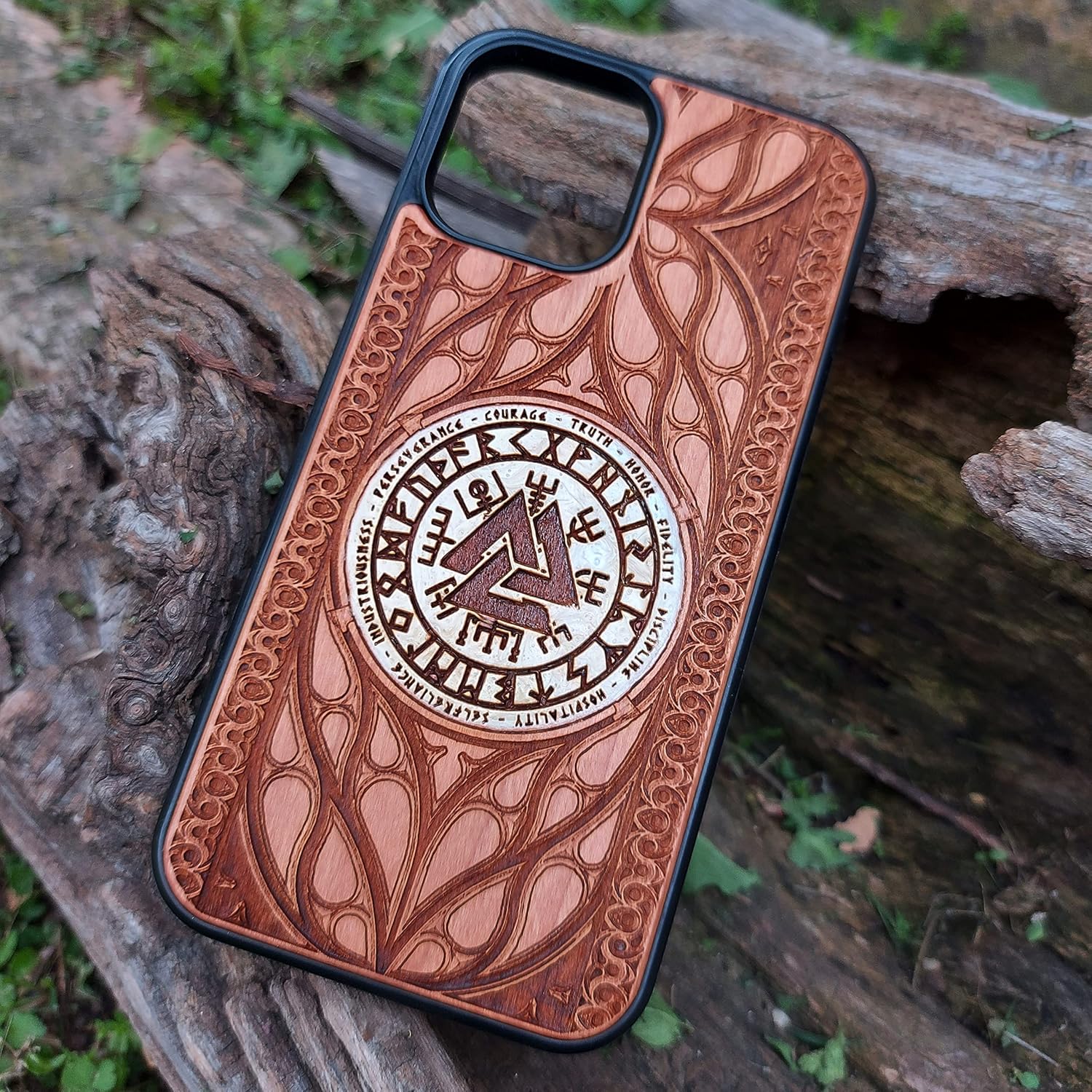 Viking Helm of Awe Vegvisir Runes Wood Case Fits iPhone 17, 16, 15 & Galaxy S26, S25, S24