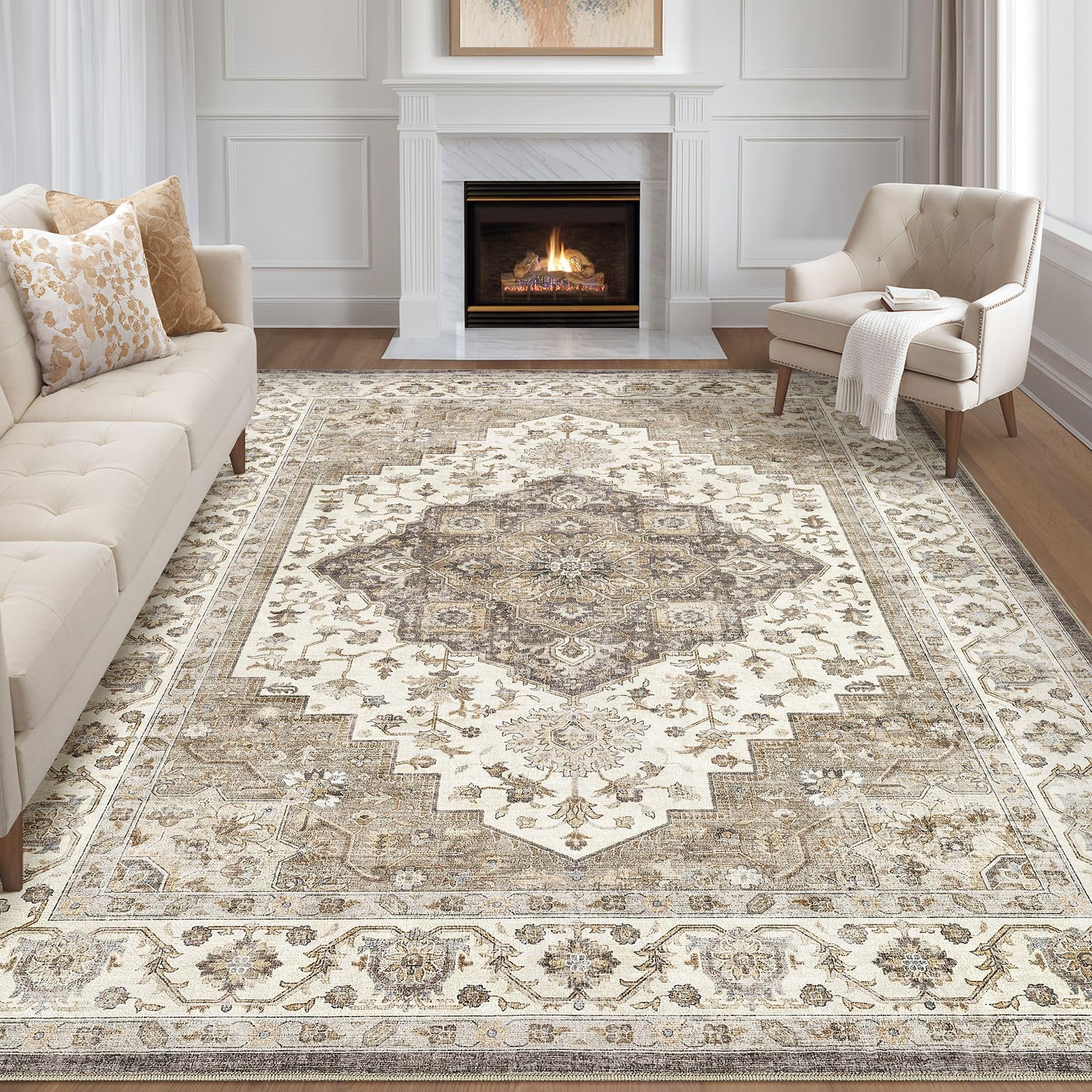LOONGRUG 10x13 Area Rug Washable Vintage Boho Living Room Rug Brown Beige