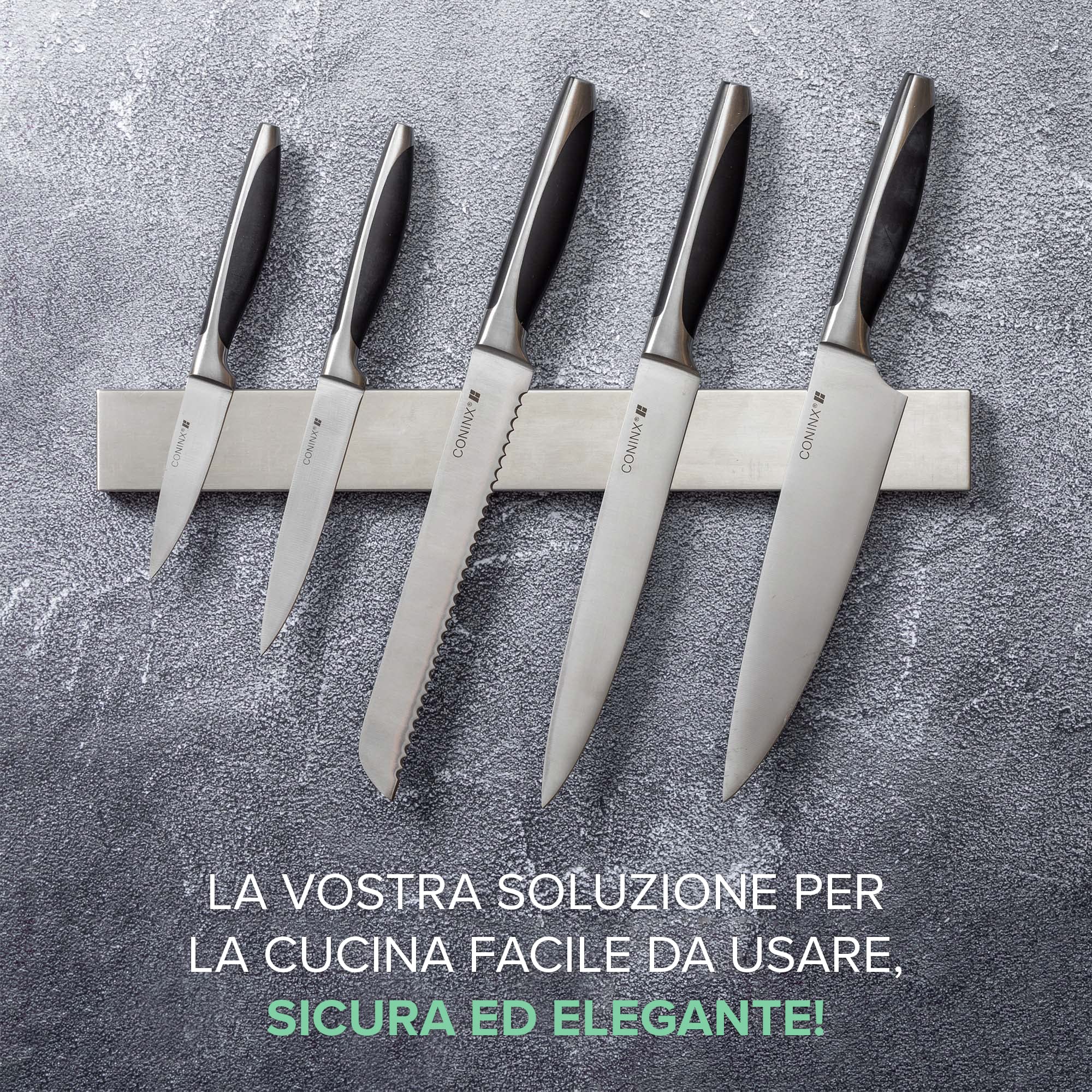 Coninx Barra Magnetica per Coltelli 40cm | Porta Coltelli Cucina in Acciaio Inox | Portacoltelli Magnetico Extra Forte | Viti e Adesiva 3M incluse | Ceppo Coltelli vuoto | Sopporto per Coltelli
