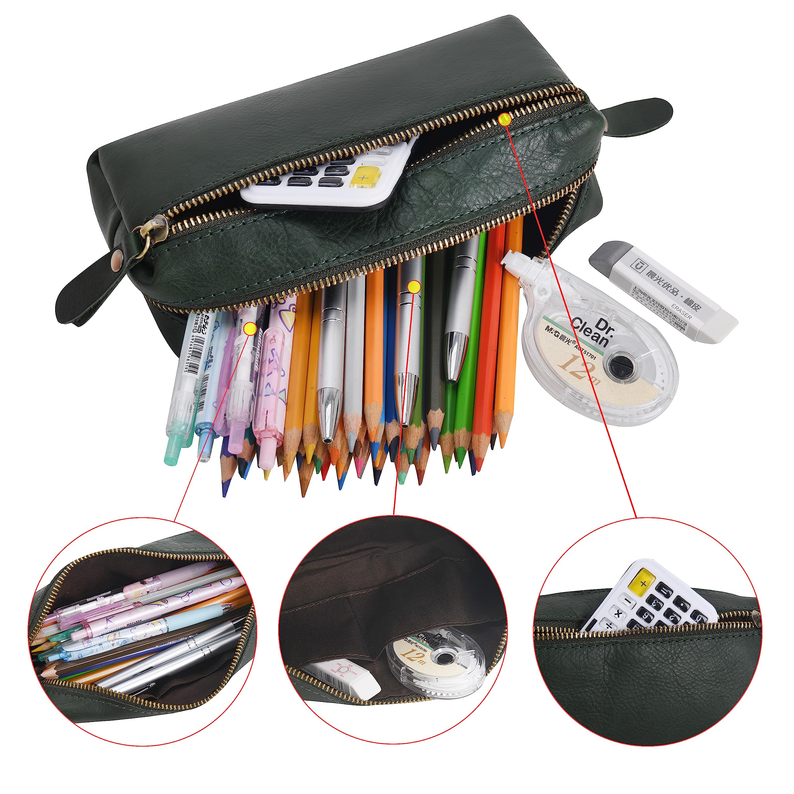 Vsdgher Polka Dot Print Pen Case Leather Pencil Pouch Markers Holder Big Capacity Bag With Zippered Pocket For Stationery Tool - View #5