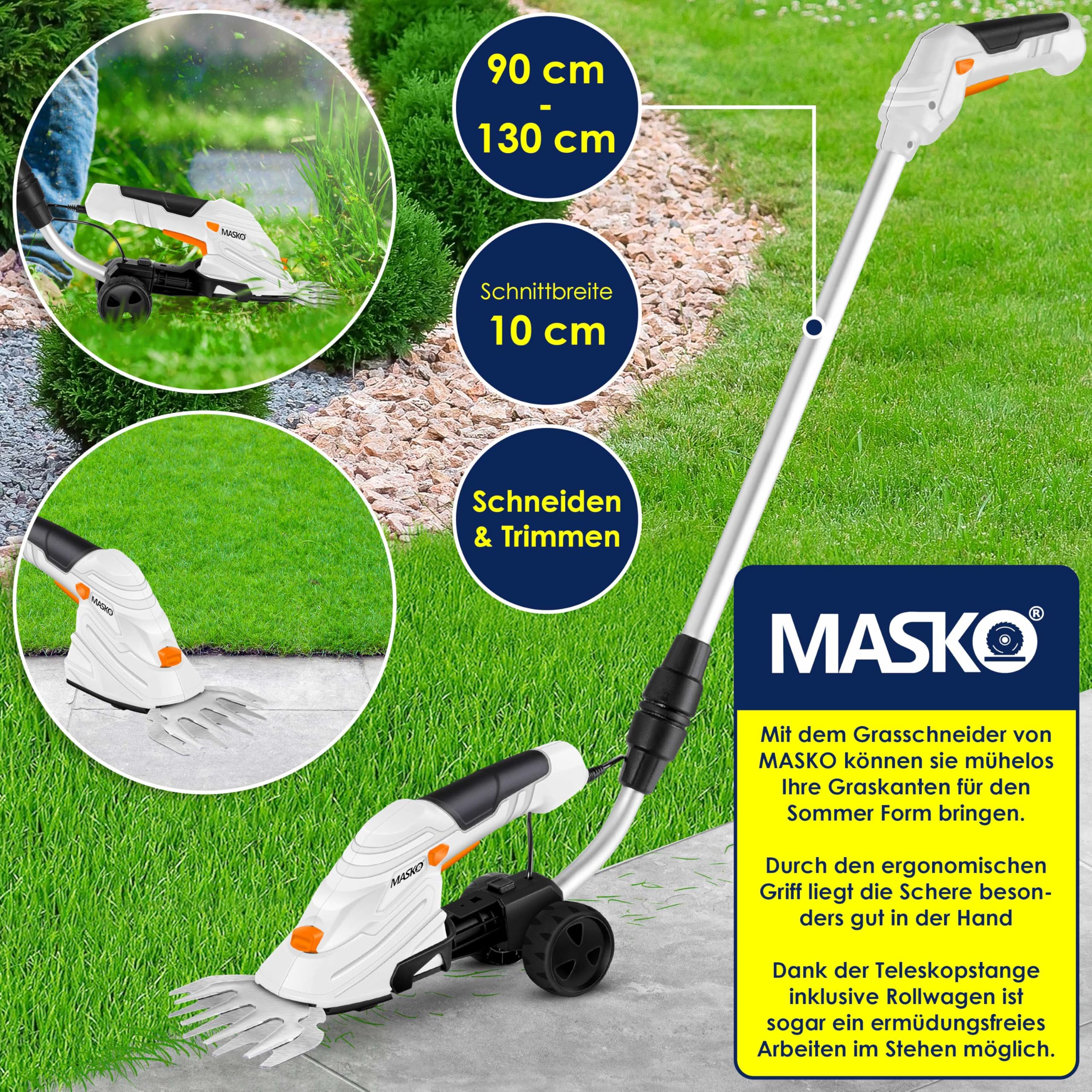 MASKO® Set cesoie-batteria 7,2 V, 2000 mA/h, tagliasiepi giardino, caricabatterie, guanti, coltello erba, lame, manico telescopico 90-130 cm, ruote