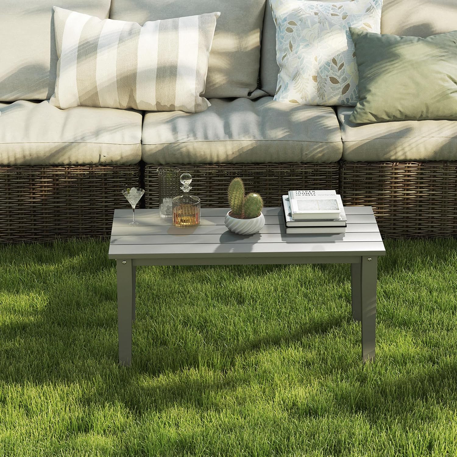Outsunny HDPE Outdoor Coffee Table, All-Weather Rectangle Patio Coffee Table, Plastic Outdoor Patio Table with Slatted Tabletop for Garden, Balcony, Backyard, Gray