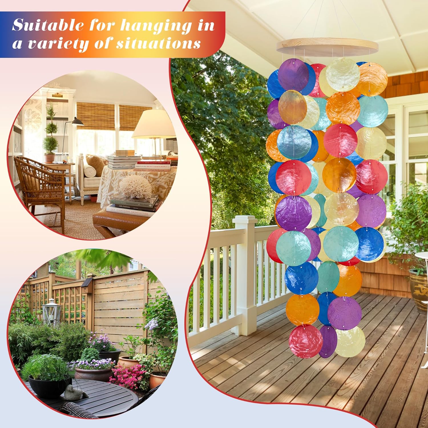 Wind Chimes for Outside - Handcrafted Rainbow Capiz Shells Windchime Coastal Style Decor for Indoor/Outdoors, Garden Decor, Great for Women, Wind Chimes Lovers and More