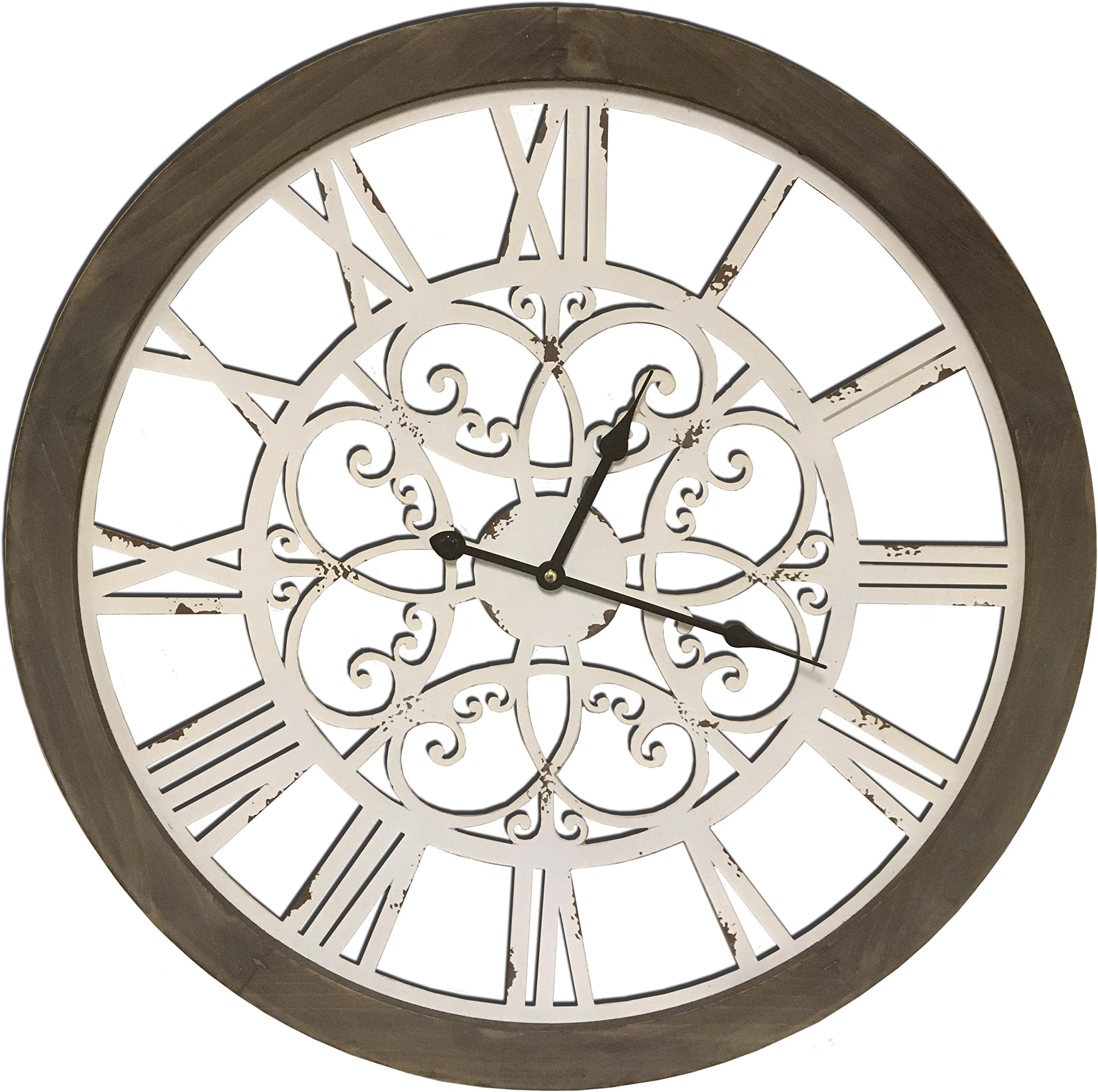 Round Decorative Metal and Wood Clock with Ornate Metal Swirl Design Quartz Movement 23 x 23 x 2 Inches Great Antique Look with Combined Materials Construction.0101