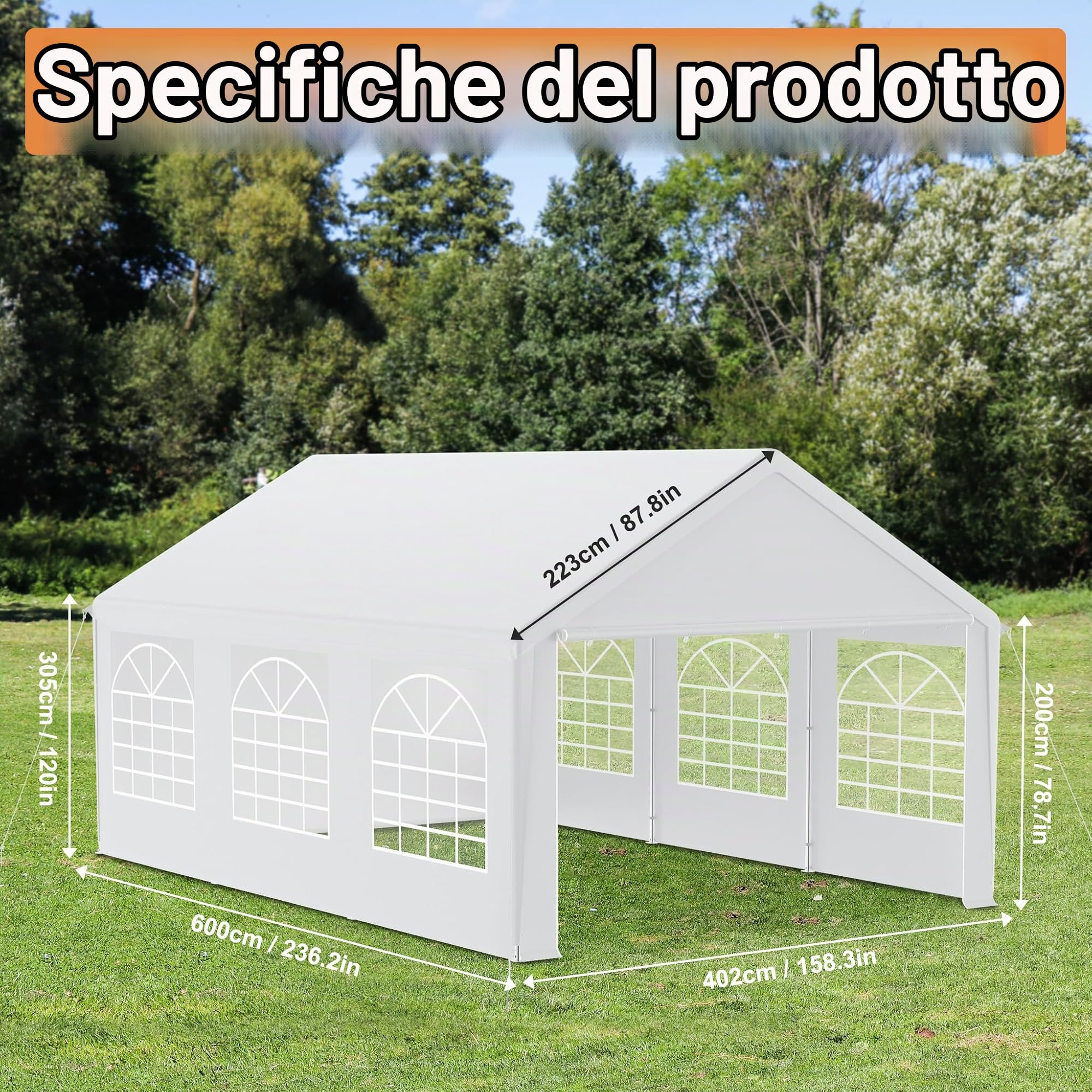 FIVMEN Gazebo da giardino, dimensioni 4 x 6 m, con 8 pareti laterali staccabili, impermeabile, stabile, resistente agli agenti atmosferici, protezione solare, bianco