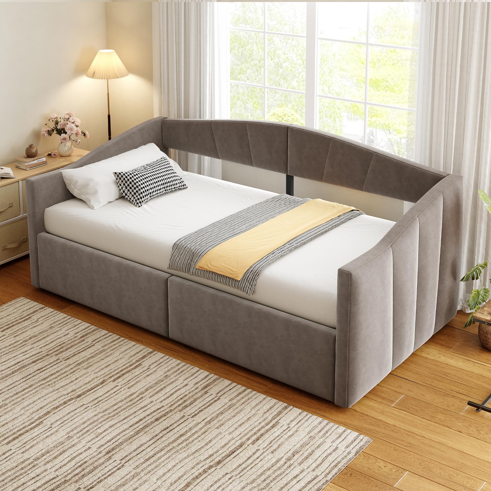 Schlafsofa Tagesbett 90x200 cm mit Hydraulischer Stauraum, Schlafcouch Bettgestell mit Lattenrost und Armlehnen, Sofabett mit Klassisch Gestreift, Samt, Grau, Ohne Matratze